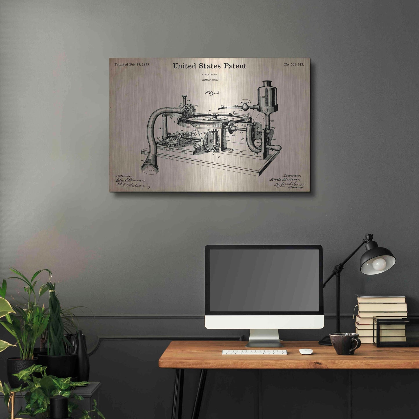 Luxe Metal Art 'Gramophone, 1895 Blueprint Patent Parchment,' Metal Wall Art,36x24