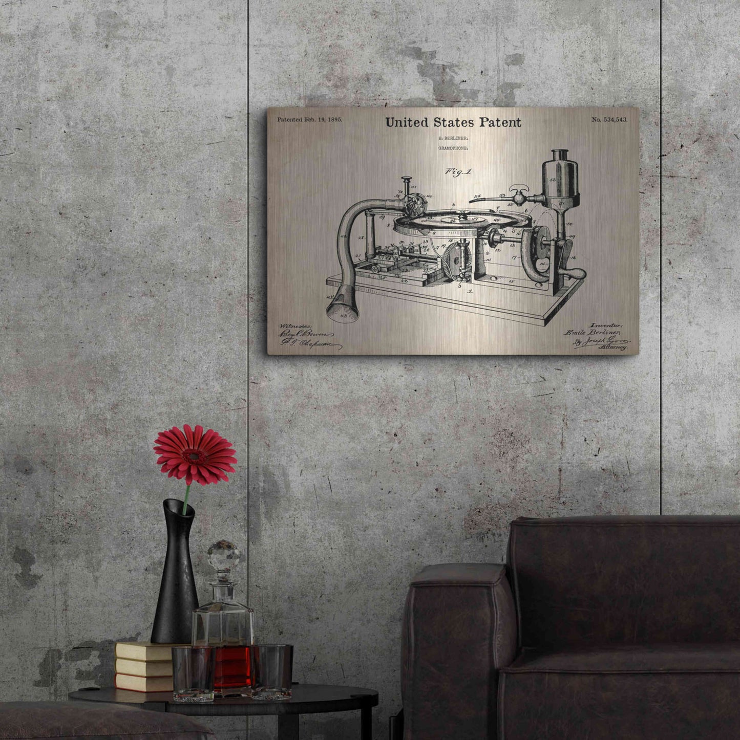 Luxe Metal Art 'Gramophone, 1895 Blueprint Patent Parchment,' Metal Wall Art,36x24