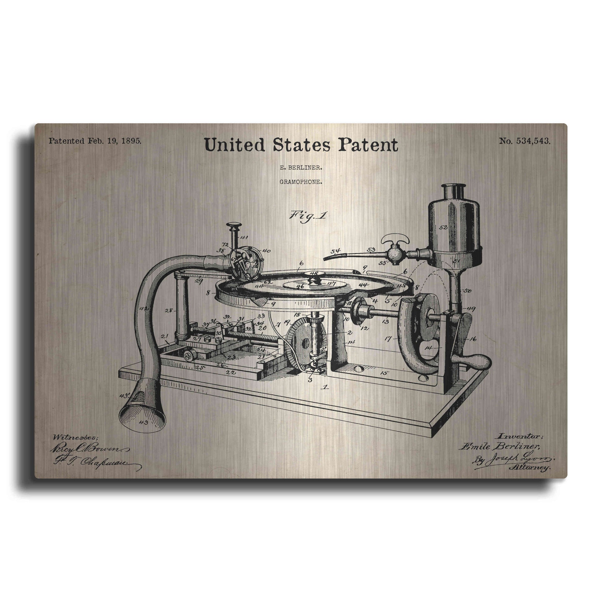 Luxe Metal Art 'Gramophone, 1895 Blueprint Patent Parchment,' Metal Wall Art