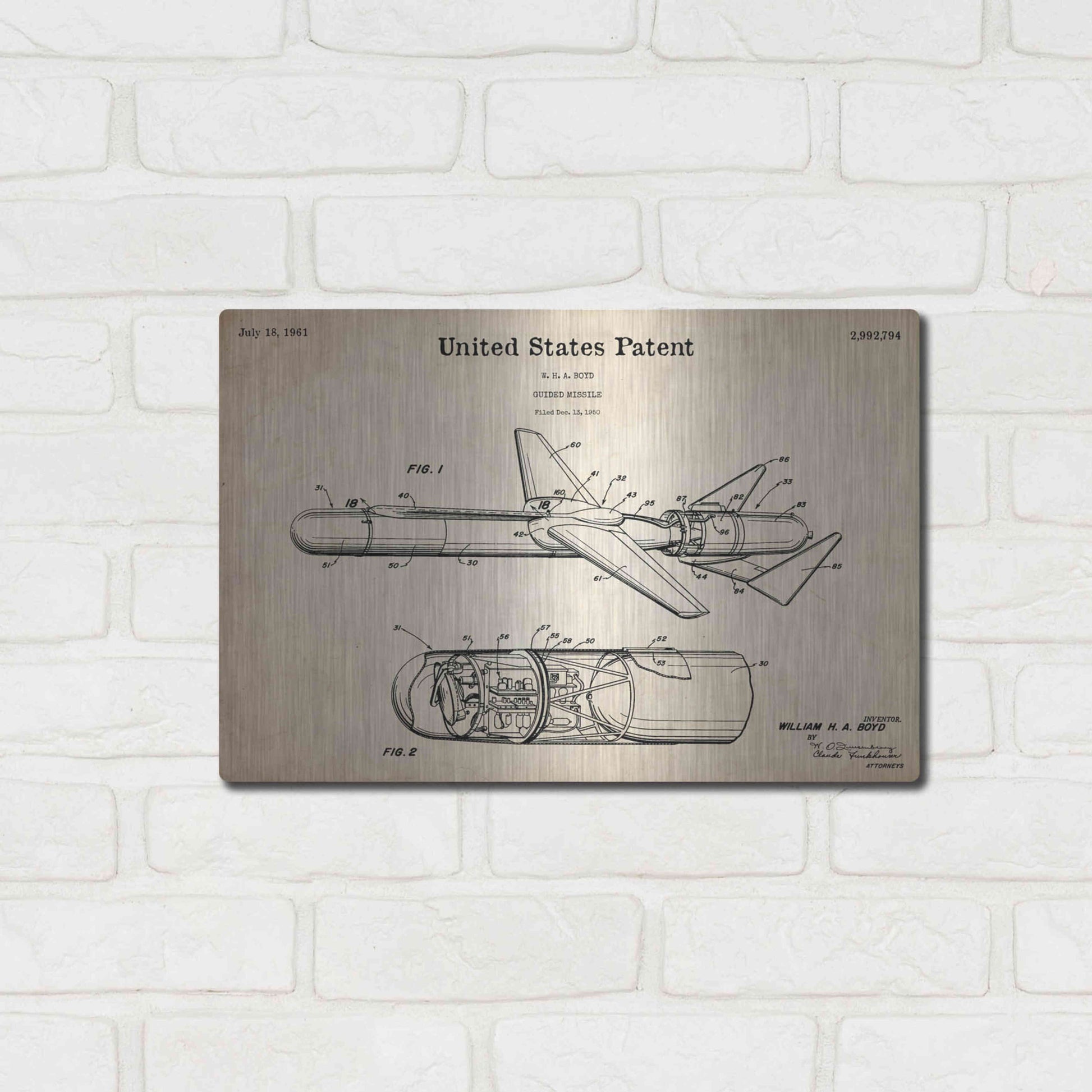 Luxe Metal Art 'Cold War Era Guided Missile Blueprint Patent Parchment,' Metal Wall Art,16x12