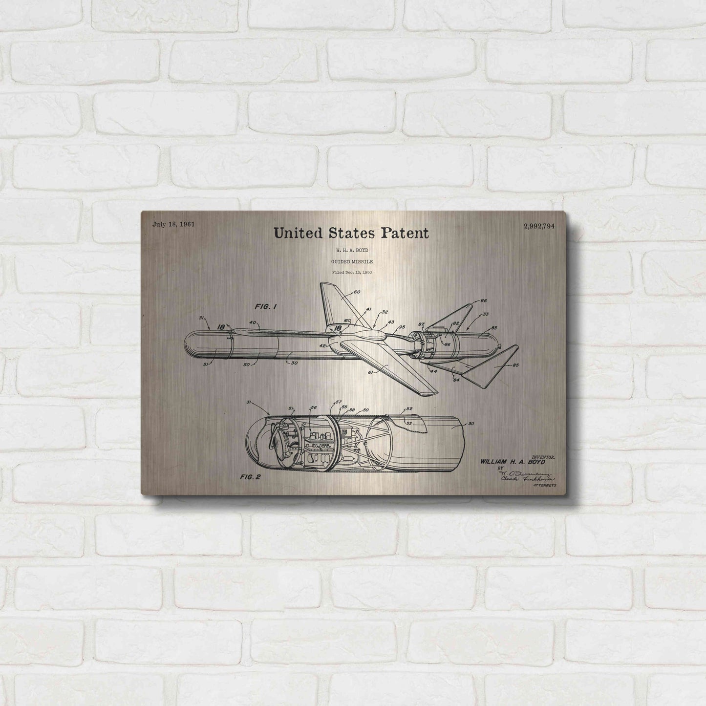 Luxe Metal Art 'Cold War Era Guided Missile Blueprint Patent Parchment,' Metal Wall Art,24x16