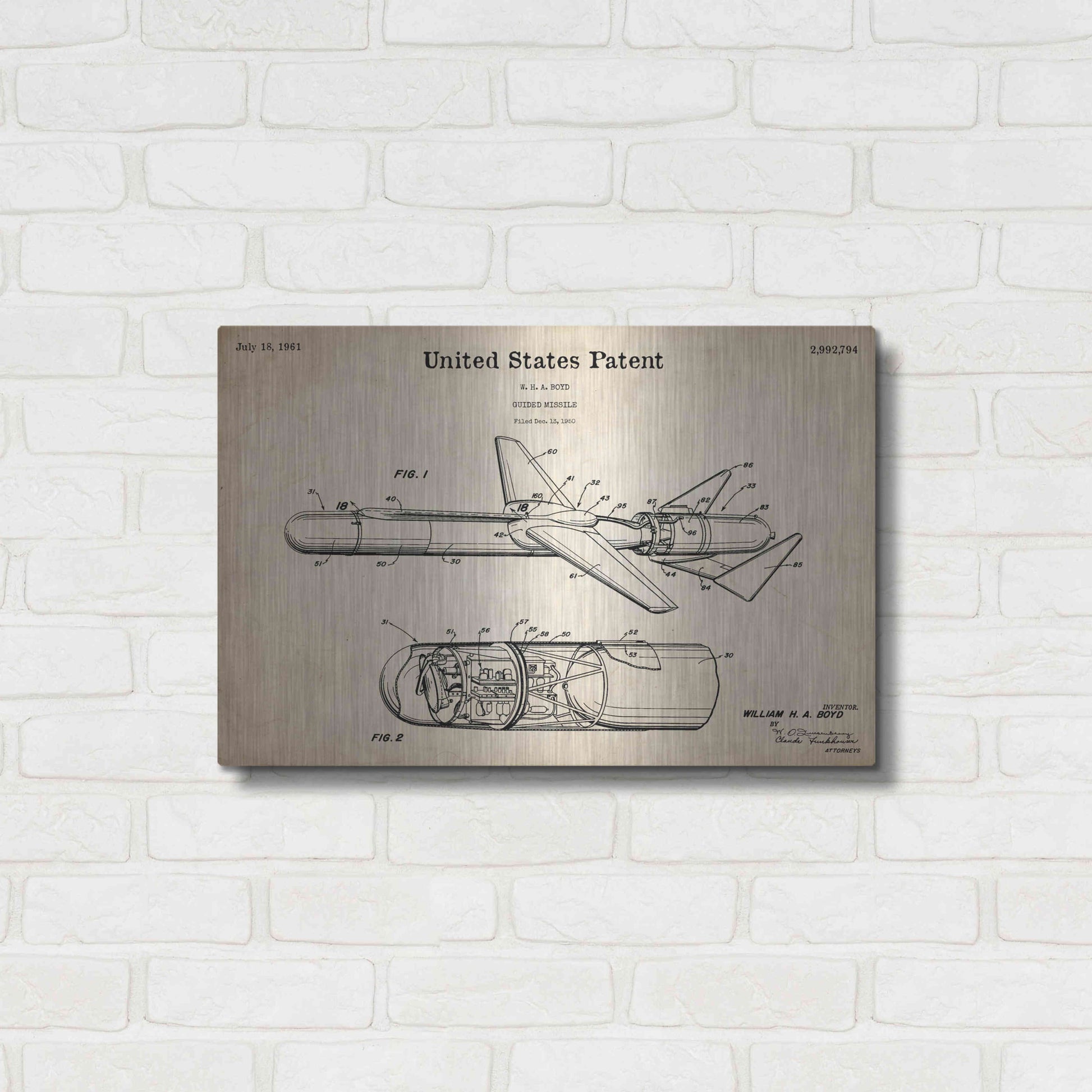 Luxe Metal Art 'Cold War Era Guided Missile Blueprint Patent Parchment,' Metal Wall Art,24x16