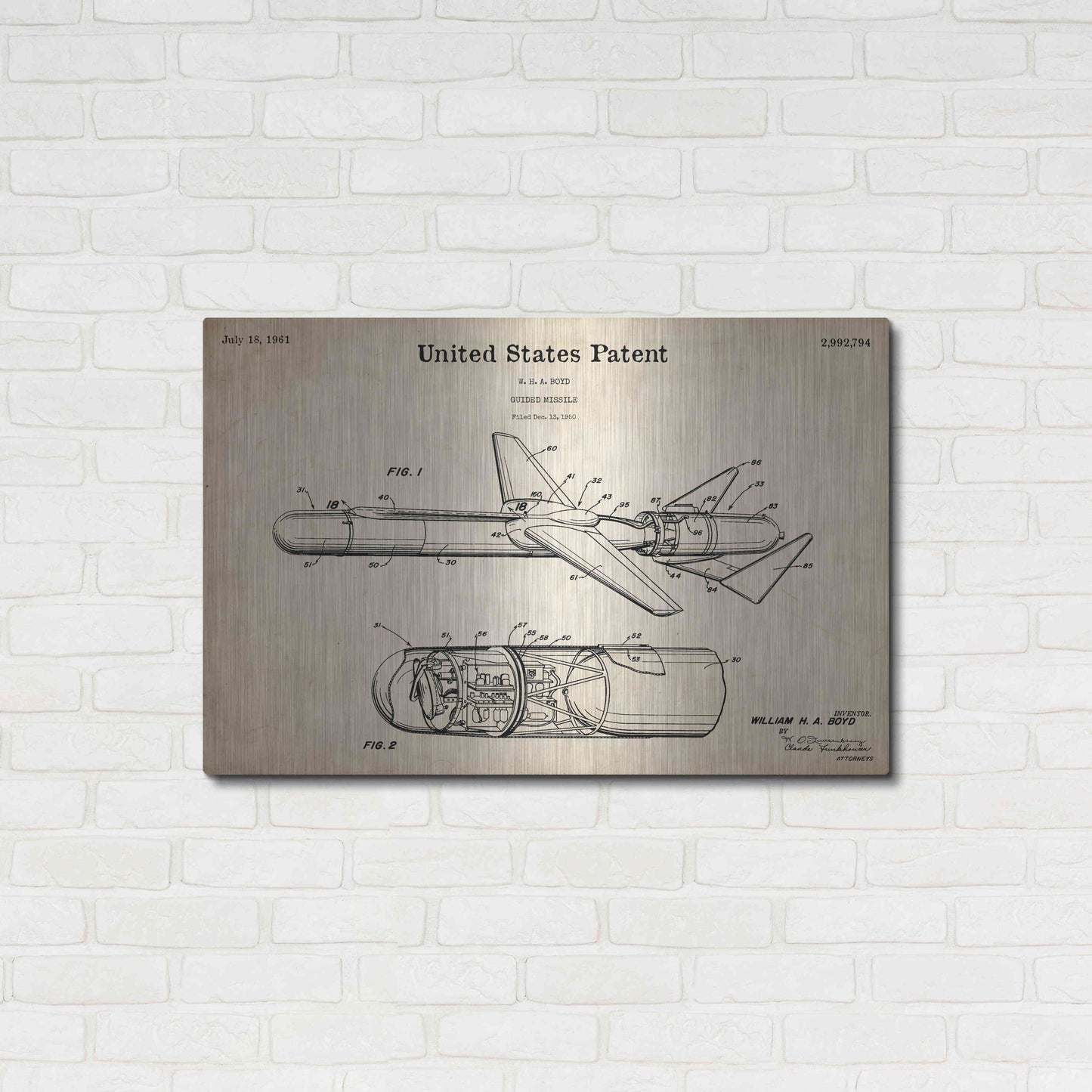 Luxe Metal Art 'Cold War Era Guided Missile Blueprint Patent Parchment,' Metal Wall Art,36x24