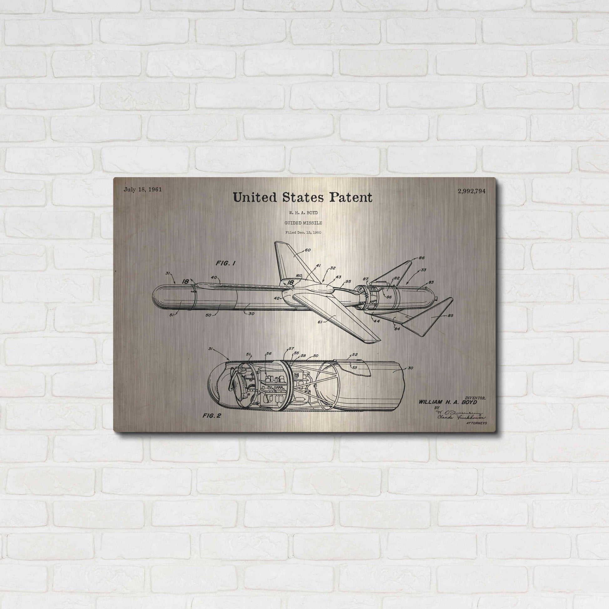 Luxe Metal Art 'Cold War Era Guided Missile Blueprint Patent Parchment,' Metal Wall Art,36x24