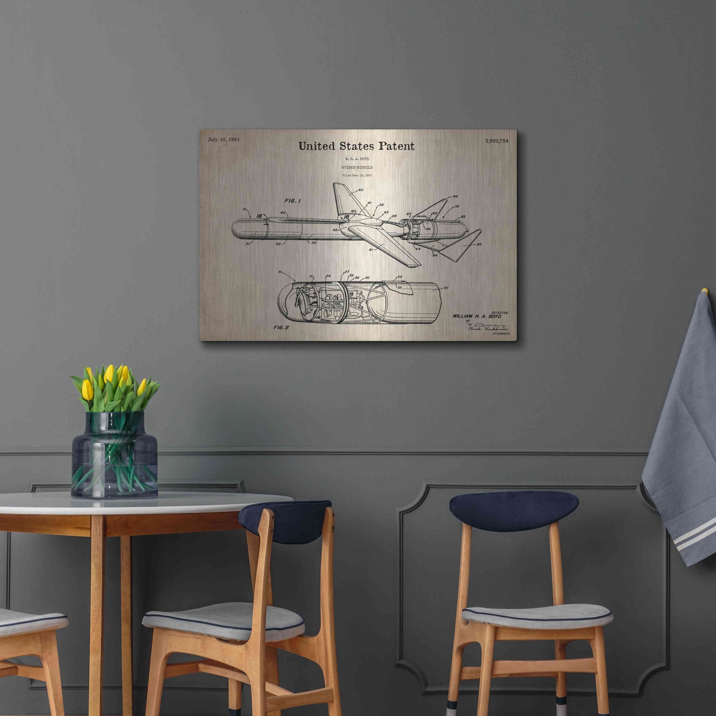 Luxe Metal Art 'Cold War Era Guided Missile Blueprint Patent Parchment,' Metal Wall Art,36x24
