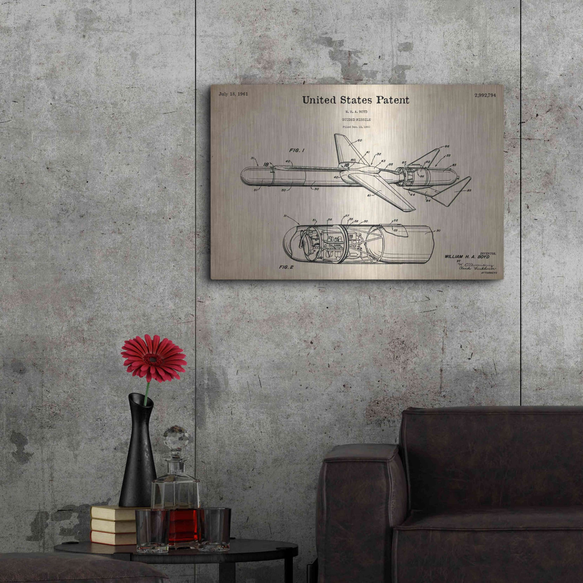Luxe Metal Art 'Cold War Era Guided Missile Blueprint Patent Parchment,' Metal Wall Art,36x24