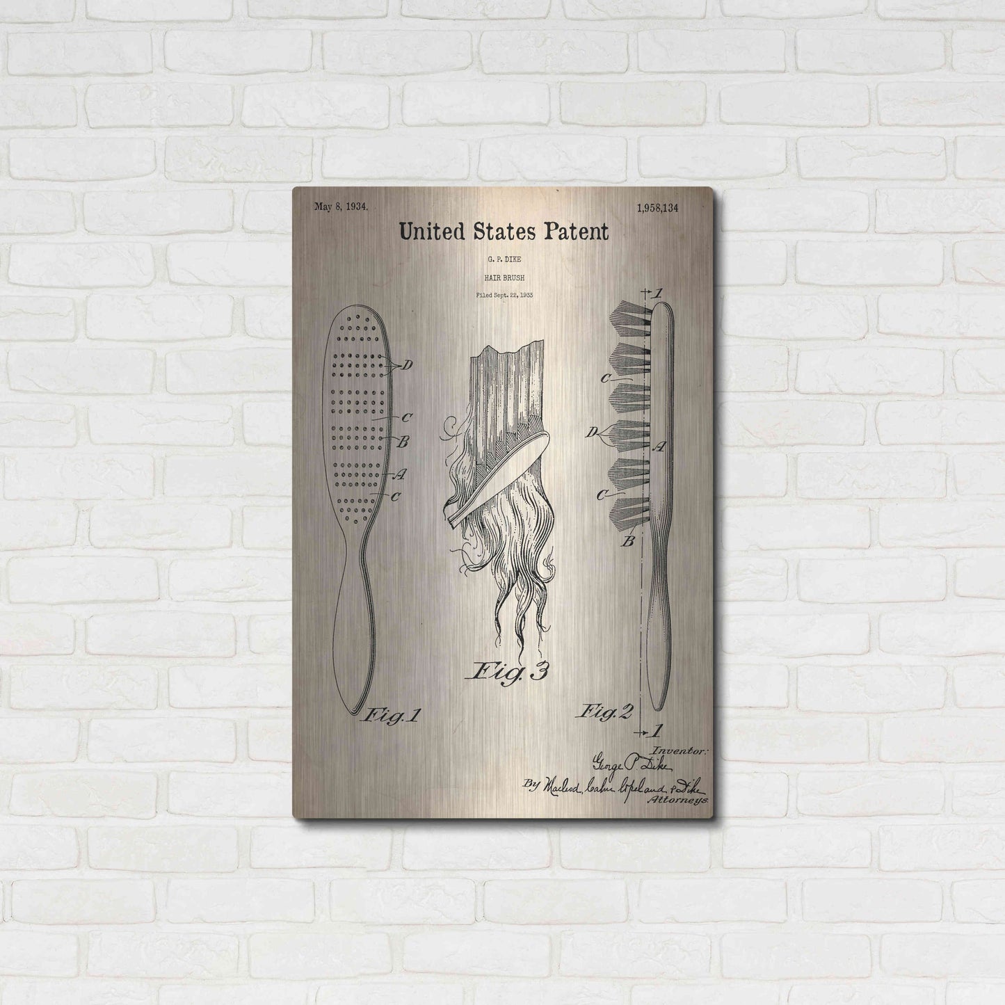 Luxe Metal Art 'Hair Brush Blueprint Patent Parchment,' Metal Wall Art,24x36