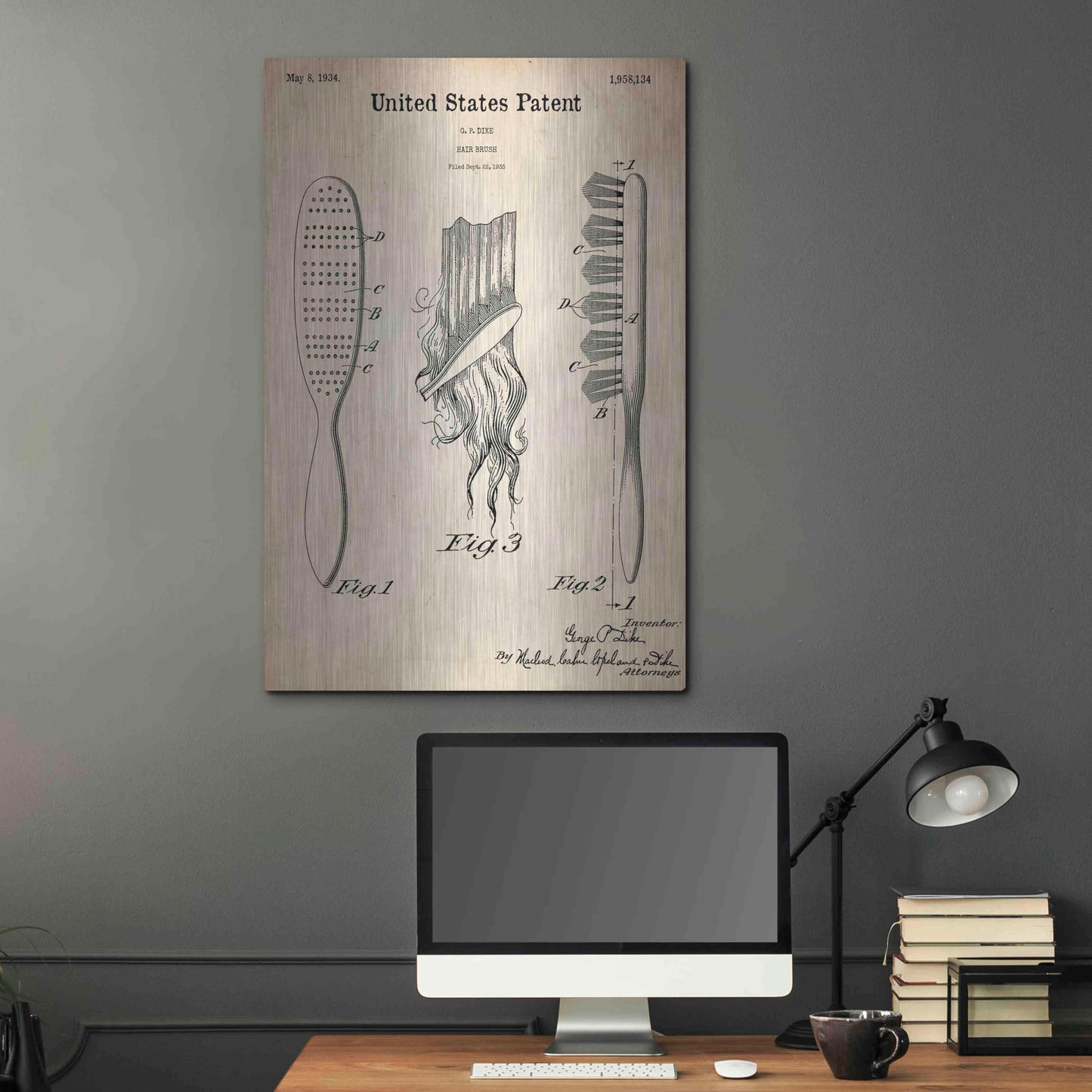 Luxe Metal Art 'Hair Brush Blueprint Patent Parchment,' Metal Wall Art,24x36