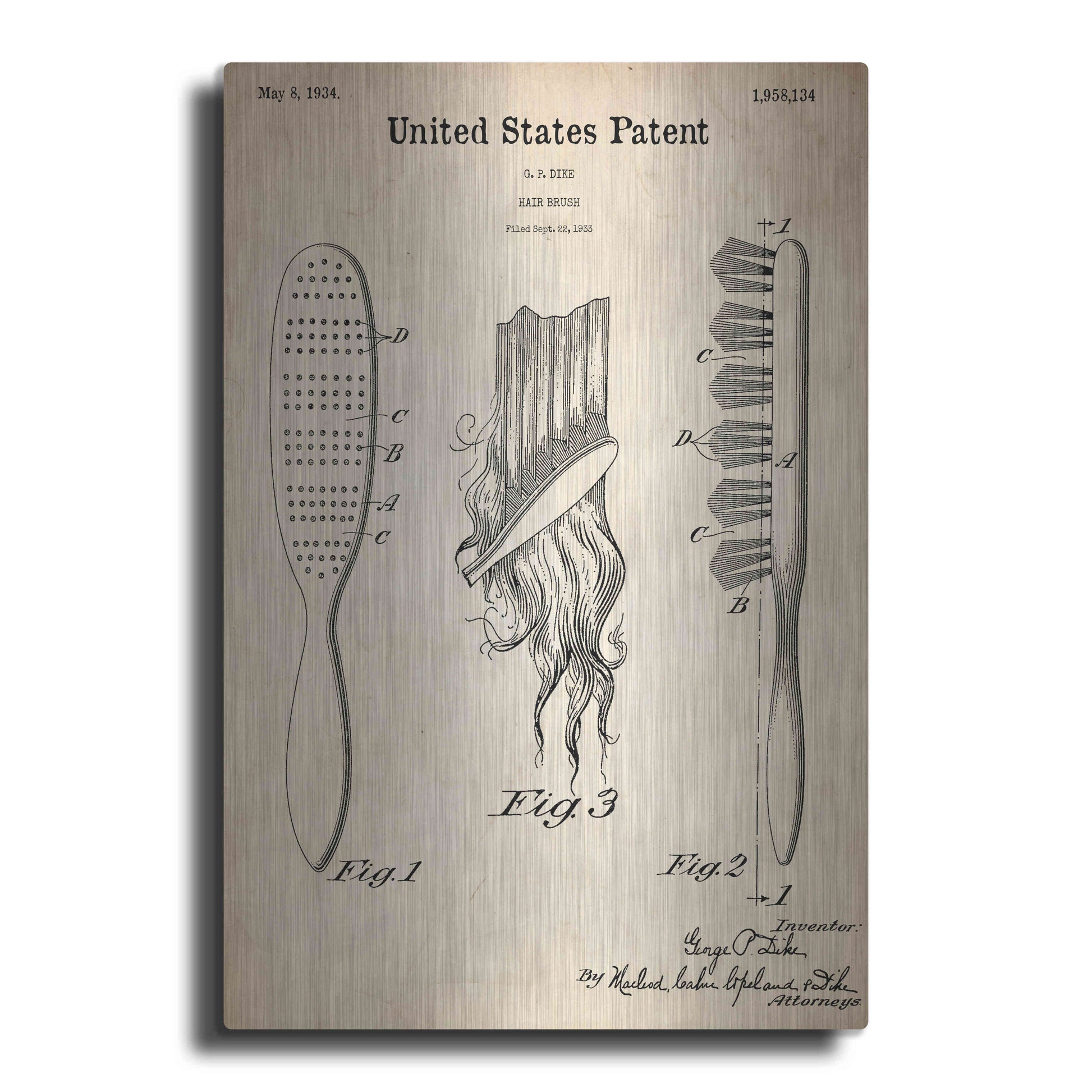 Luxe Metal Art 'Hair Brush Blueprint Patent Parchment,' Metal Wall Art