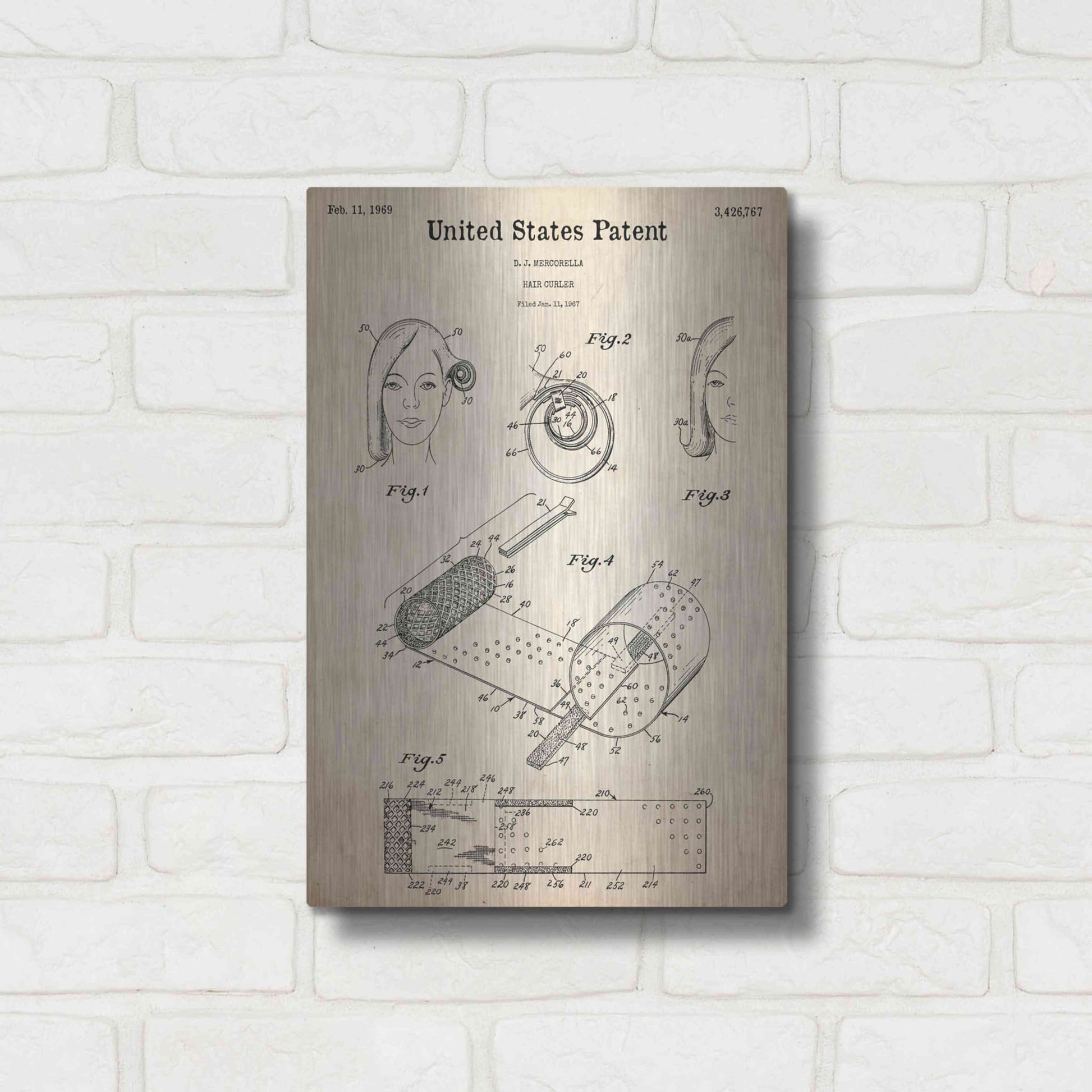 Luxe Metal Art 'Hair Curler Blueprint Patent Parchment,' Metal Wall Art,12x16