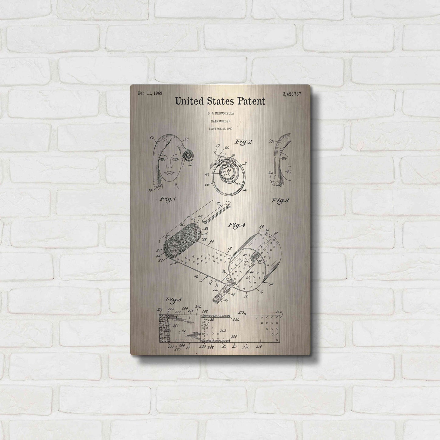 Luxe Metal Art 'Hair Curler Blueprint Patent Parchment,' Metal Wall Art,16x24