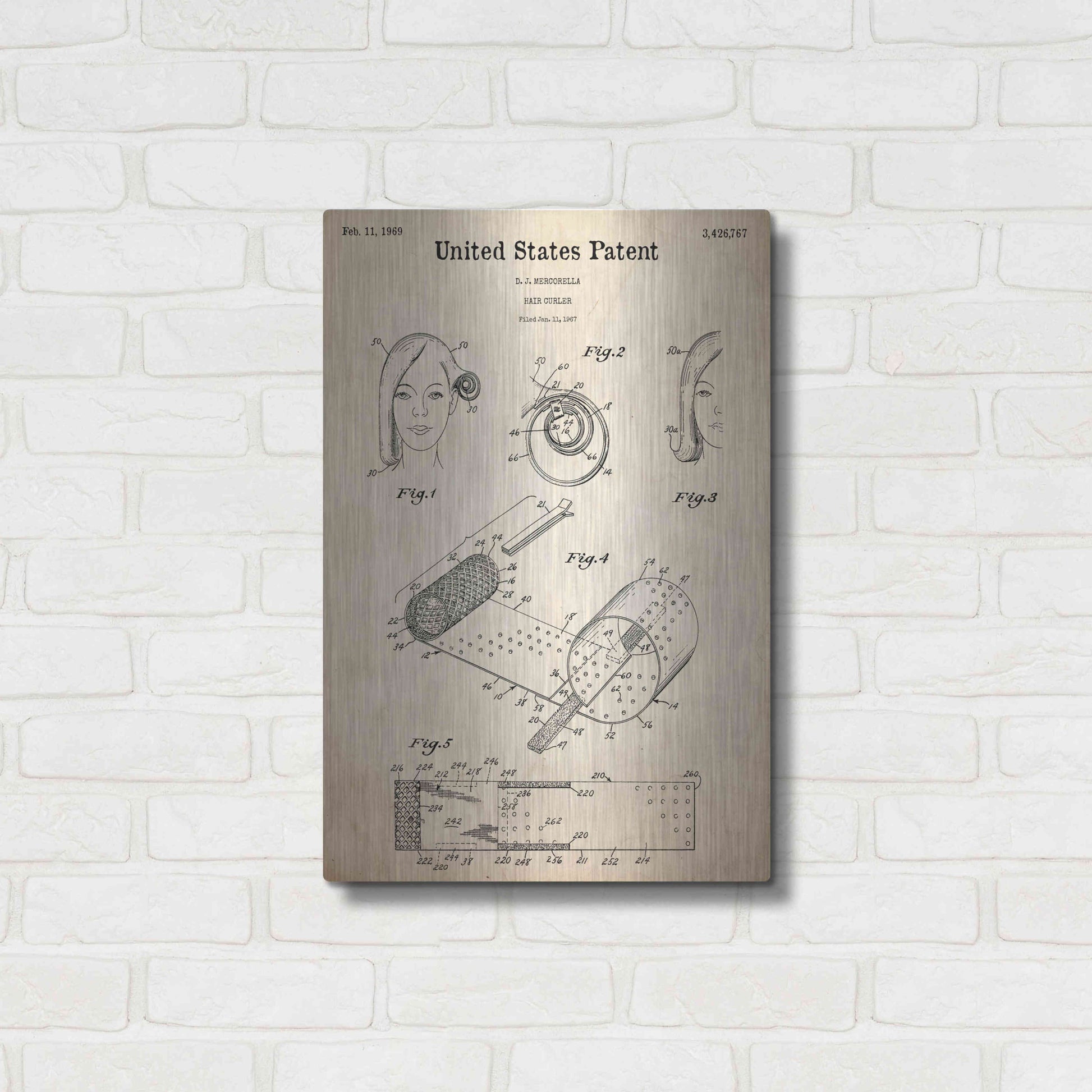 Luxe Metal Art 'Hair Curler Blueprint Patent Parchment,' Metal Wall Art,16x24