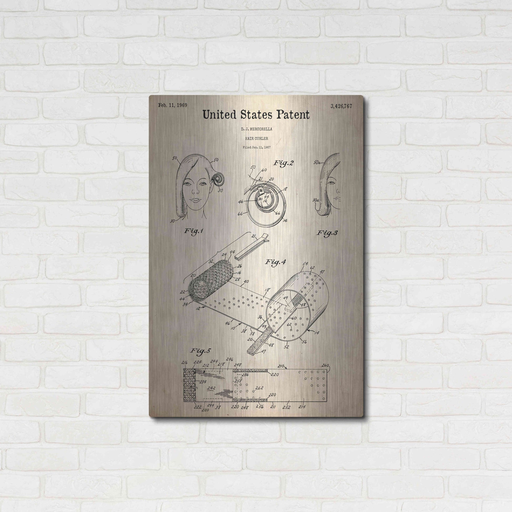 Luxe Metal Art 'Hair Curler Blueprint Patent Parchment,' Metal Wall Art,24x36