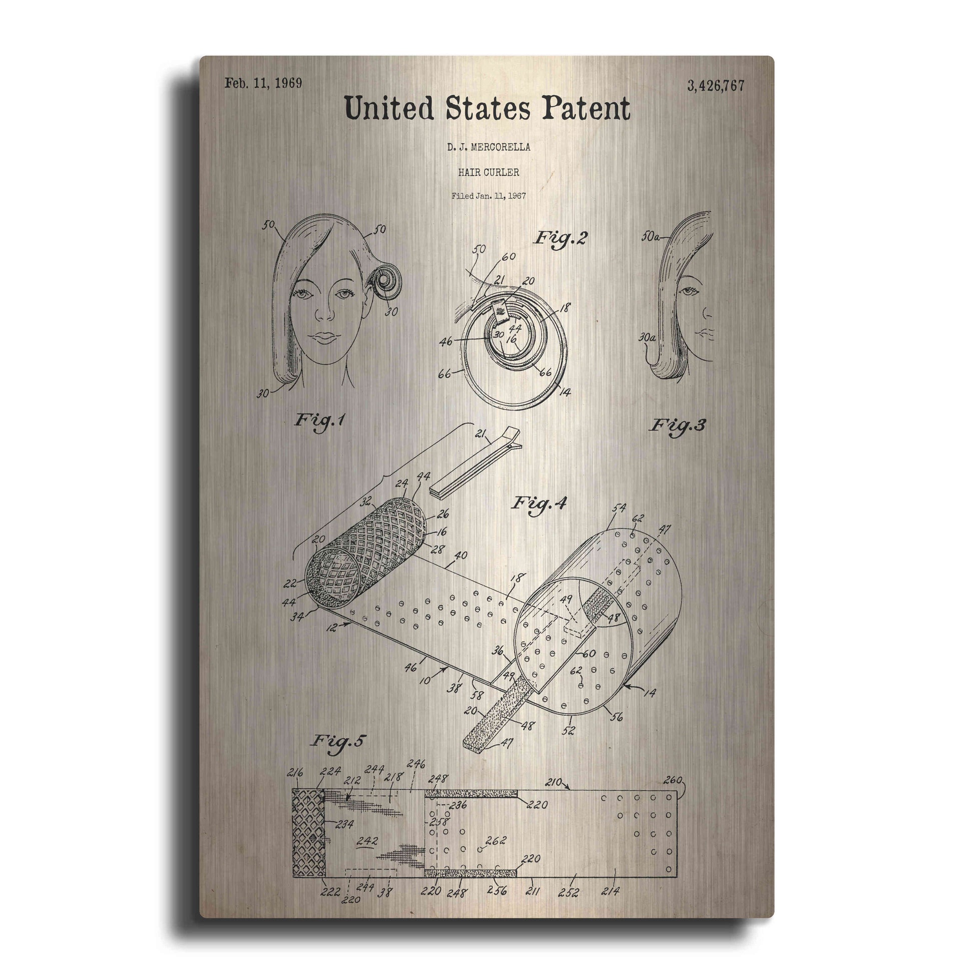 Luxe Metal Art 'Hair Curler Blueprint Patent Parchment,' Metal Wall Art