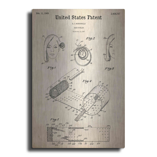 Luxe Metal Art 'Hair Curler Blueprint Patent Parchment,' Metal Wall Art