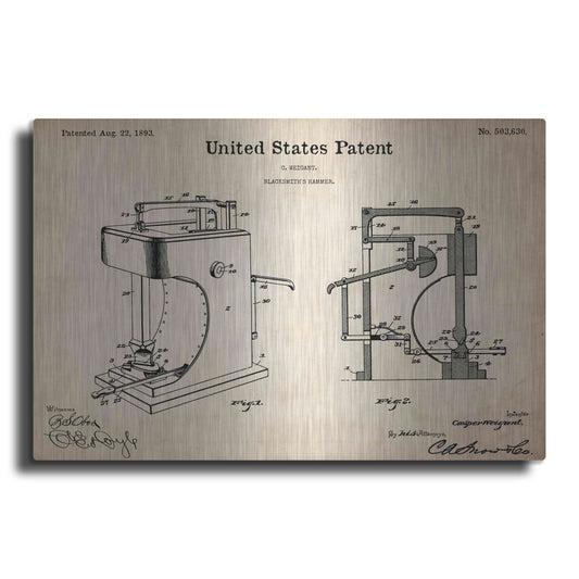 Luxe Metal Art 'Blacksmith's Hammer Blueprint Patent Parchment,' Metal Wall Art