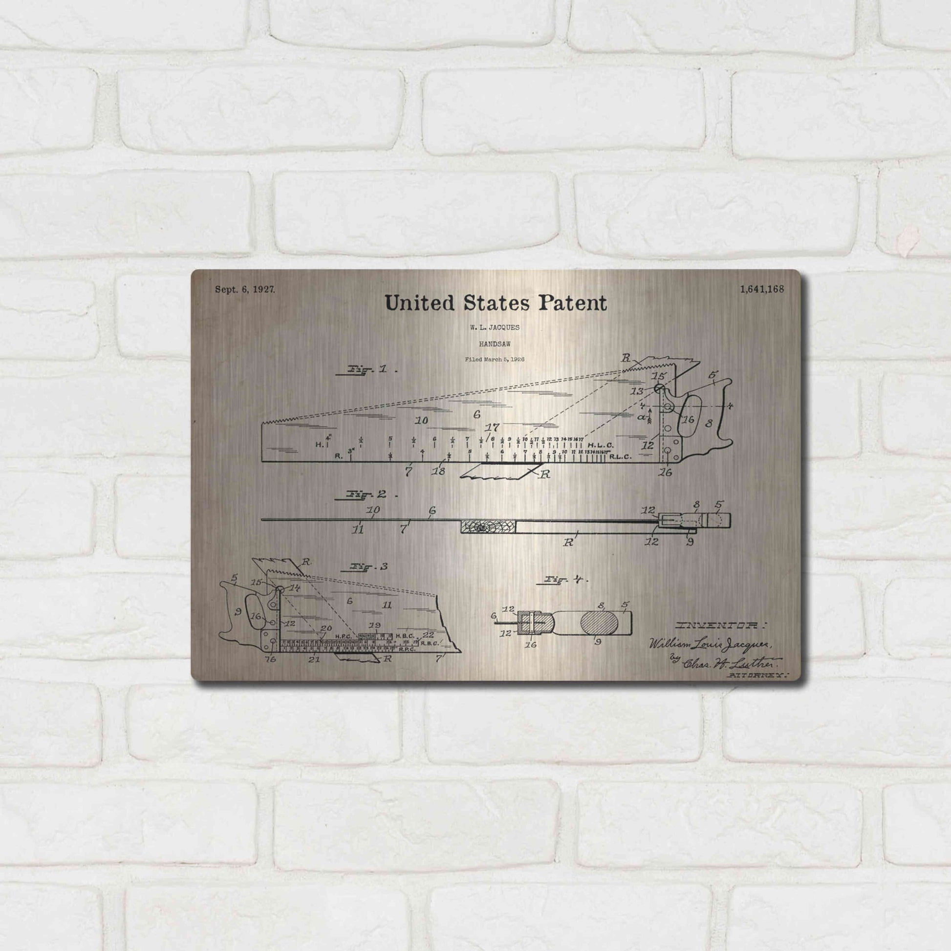 Luxe Metal Art 'Handsaw Blueprint Patent Parchment,' Metal Wall Art,16x12