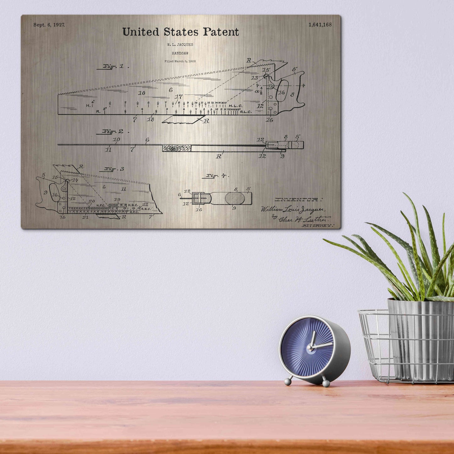 Luxe Metal Art 'Handsaw Blueprint Patent Parchment,' Metal Wall Art,16x12