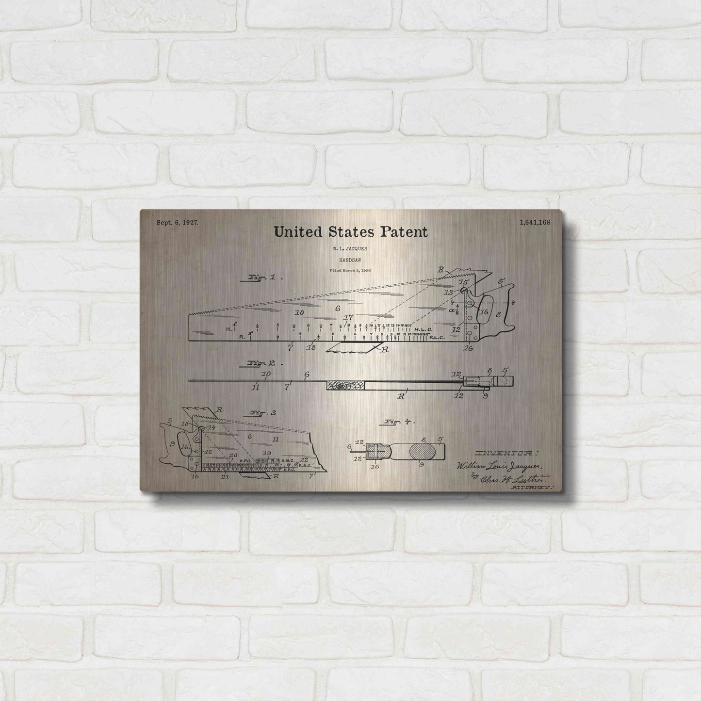 Luxe Metal Art 'Handsaw Blueprint Patent Parchment,' Metal Wall Art,24x16