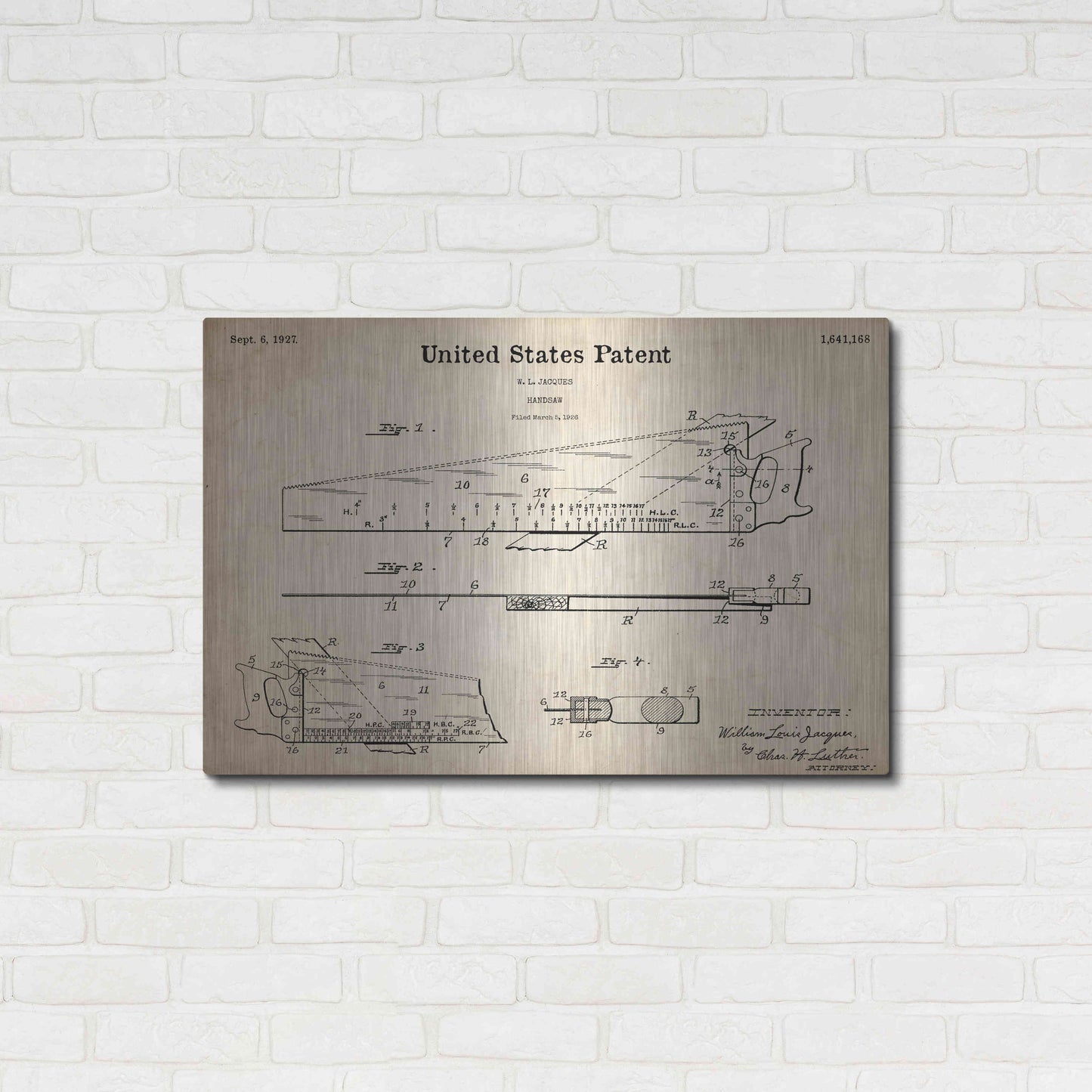Luxe Metal Art 'Handsaw Blueprint Patent Parchment,' Metal Wall Art,36x24