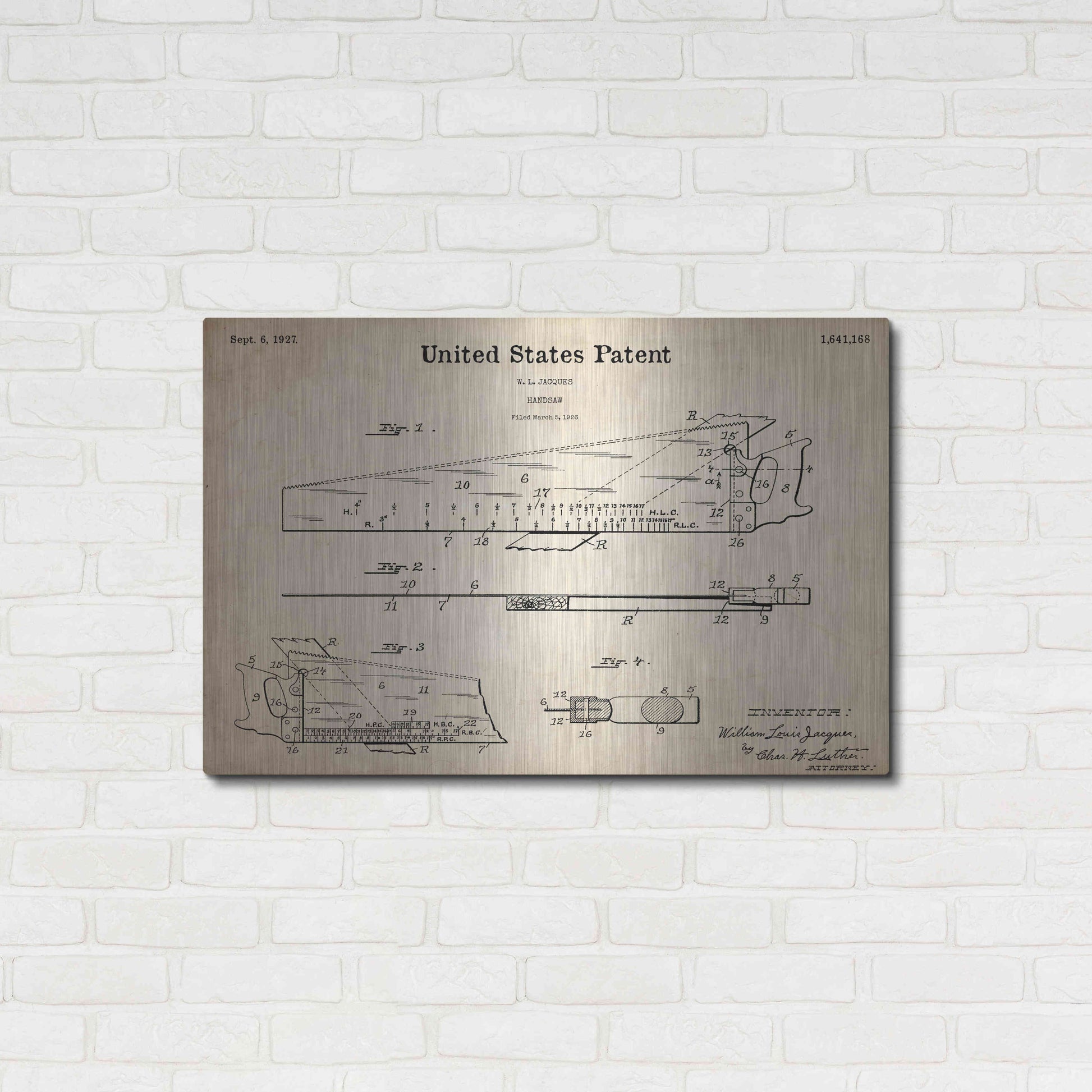 Luxe Metal Art 'Handsaw Blueprint Patent Parchment,' Metal Wall Art,36x24