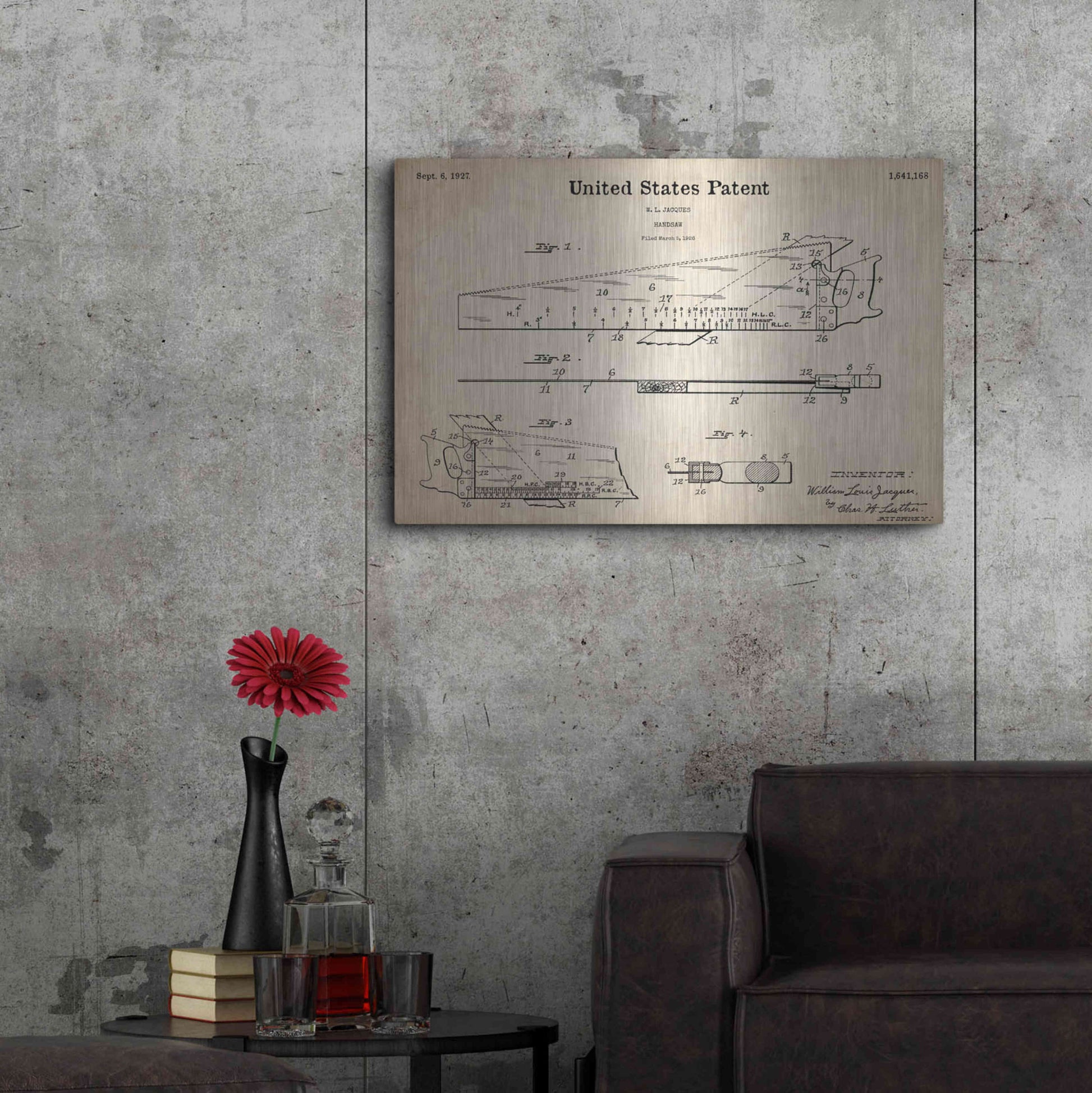Luxe Metal Art 'Handsaw Blueprint Patent Parchment,' Metal Wall Art,36x24