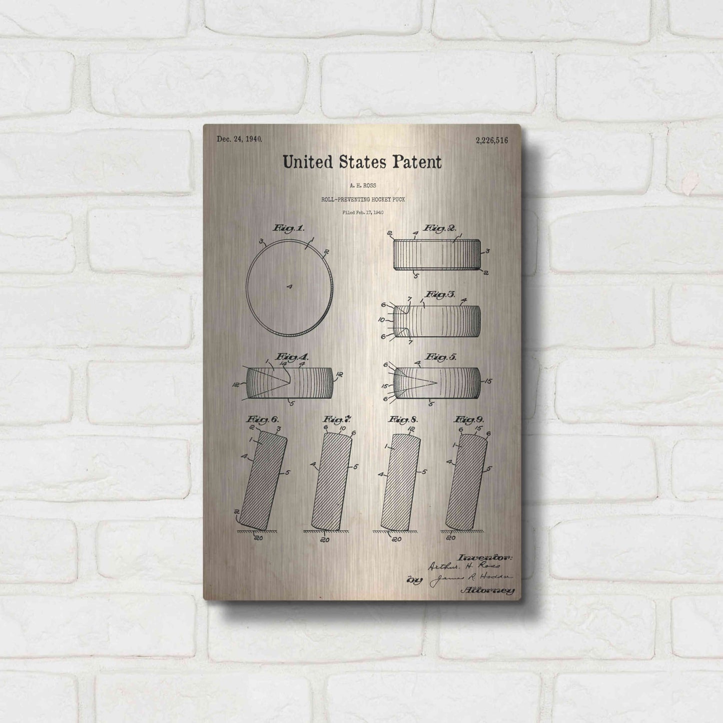 Luxe Metal Art 'Hockey Puck Blueprint Patent Parchment,' Metal Wall Art,12x16