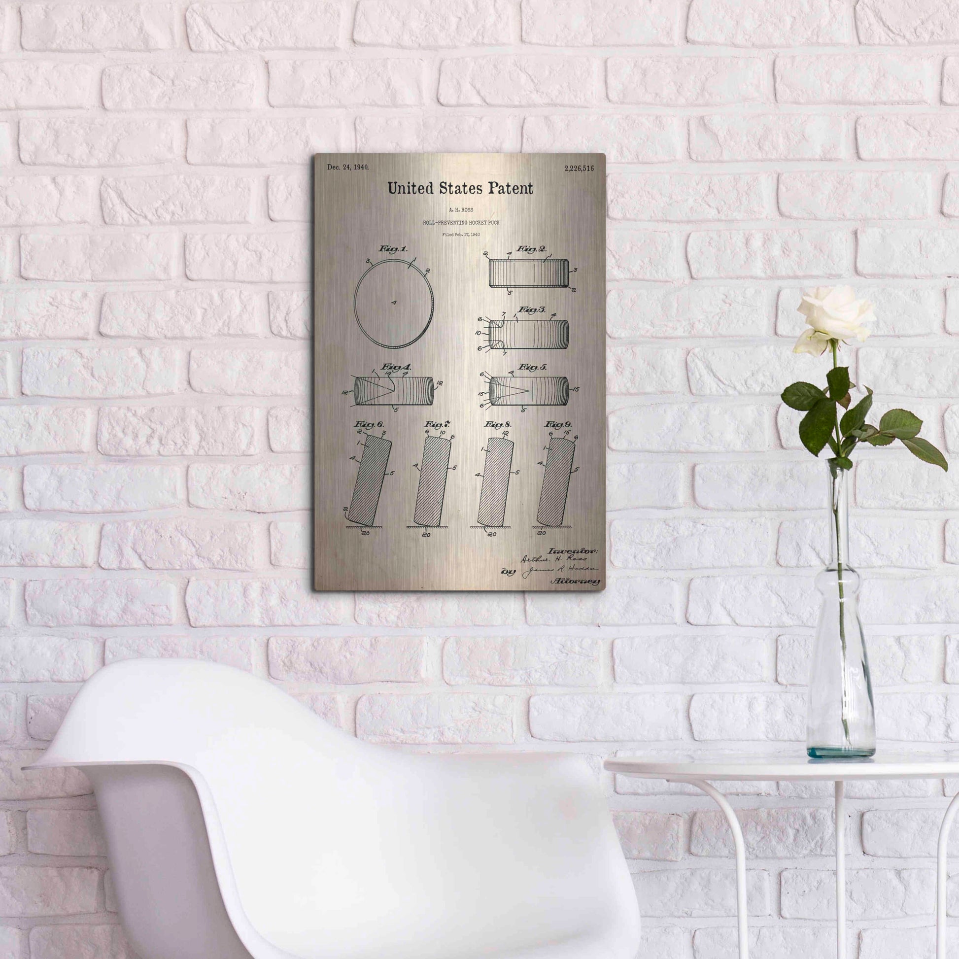 Luxe Metal Art 'Hockey Puck Blueprint Patent Parchment,' Metal Wall Art,16x24