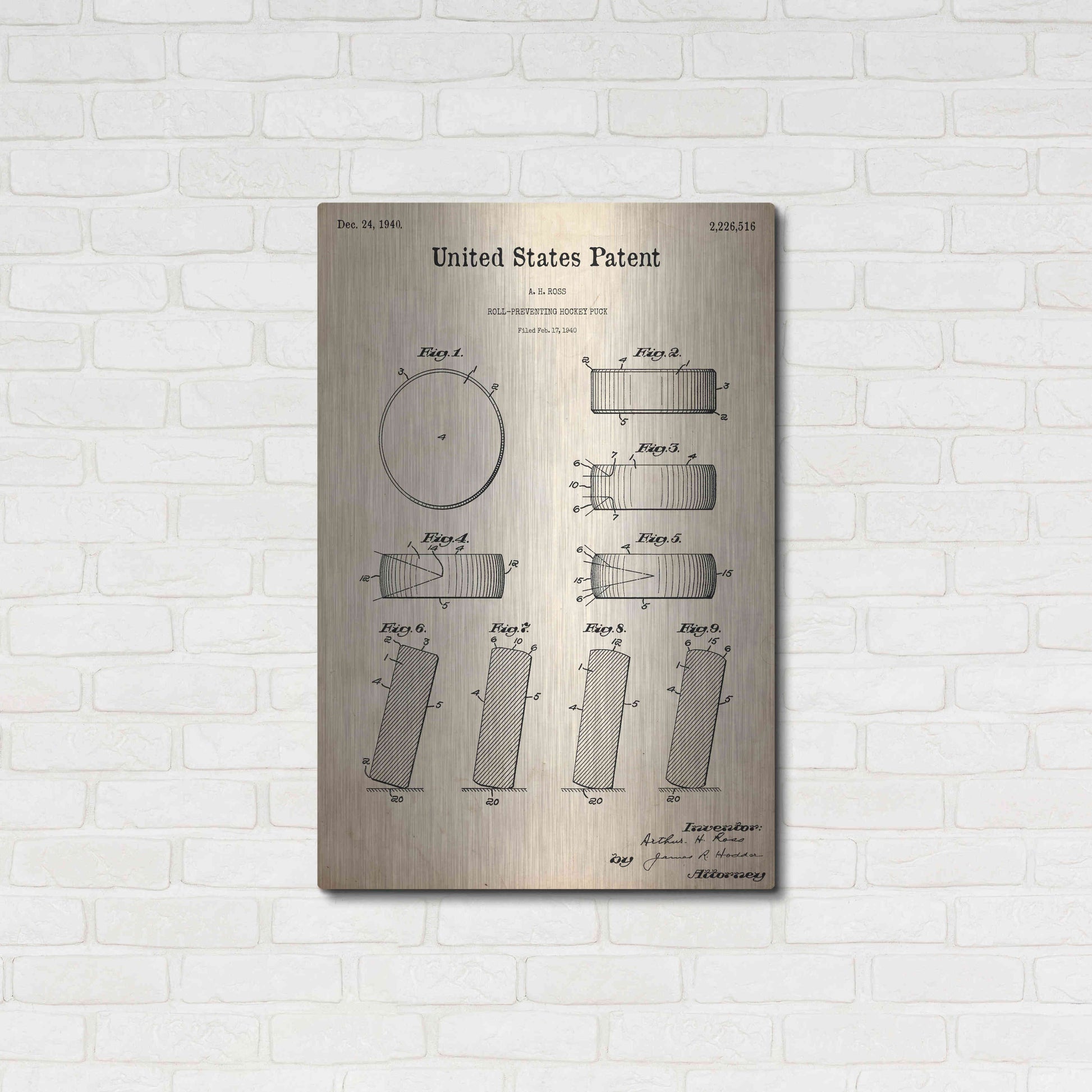 Luxe Metal Art 'Hockey Puck Blueprint Patent Parchment,' Metal Wall Art,24x36