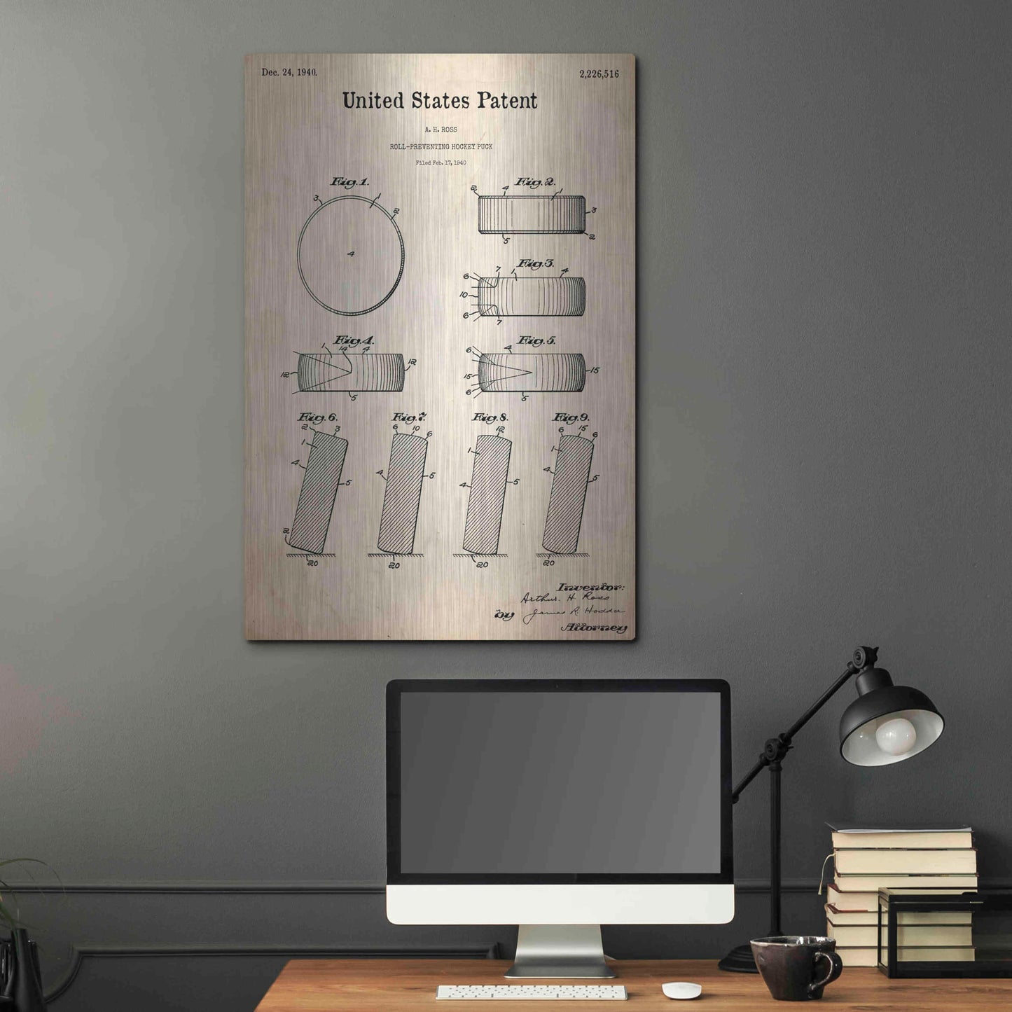 Luxe Metal Art 'Hockey Puck Blueprint Patent Parchment,' Metal Wall Art,24x36