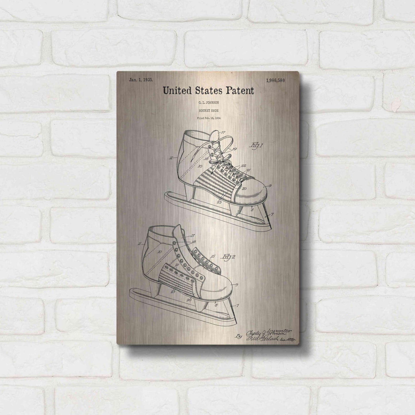 Luxe Metal Art 'Hockey Shoe, 1935 Blueprint Patent Parchment,' Metal Wall Art,12x16