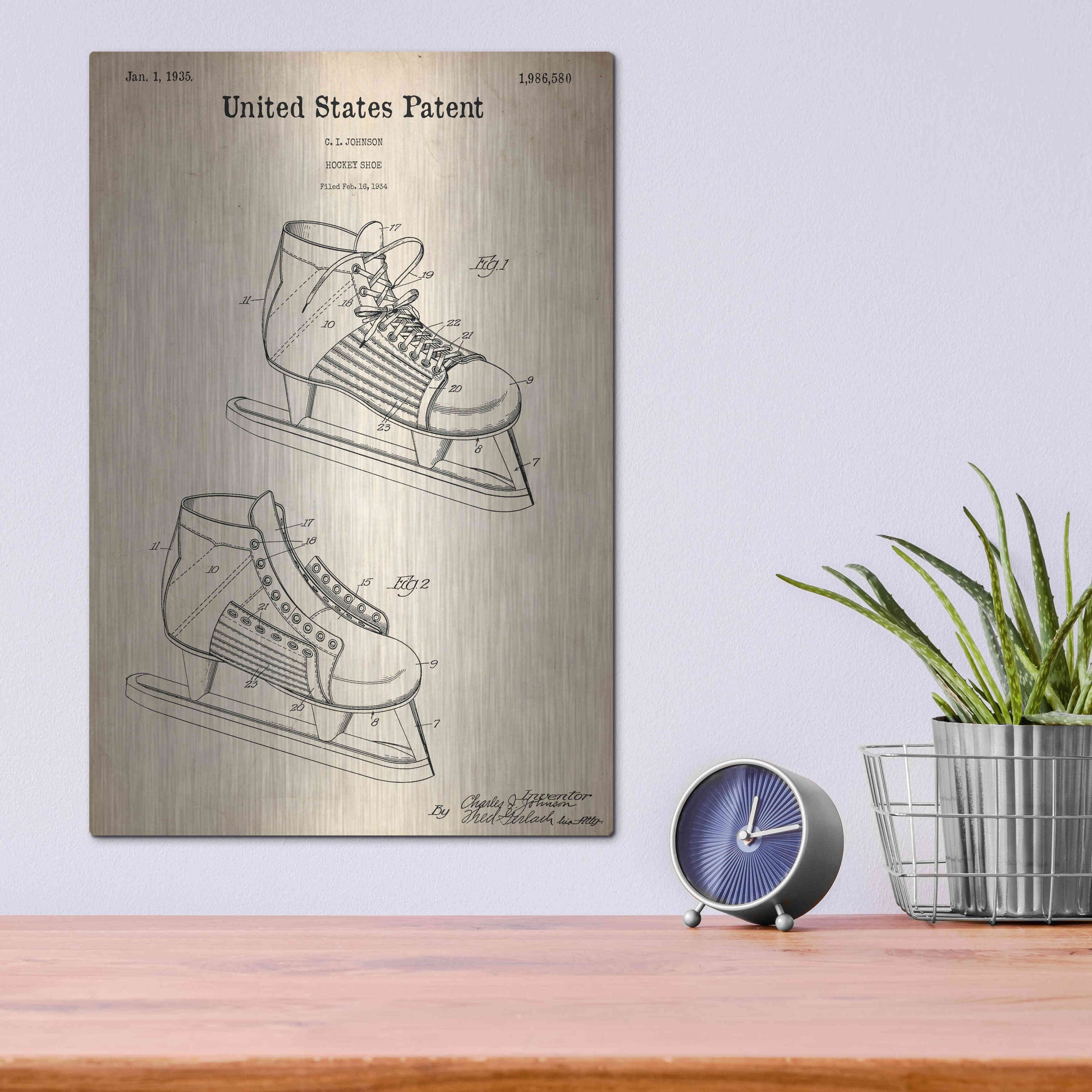 Luxe Metal Art 'Hockey Shoe, 1935 Blueprint Patent Parchment,' Metal Wall Art,12x16