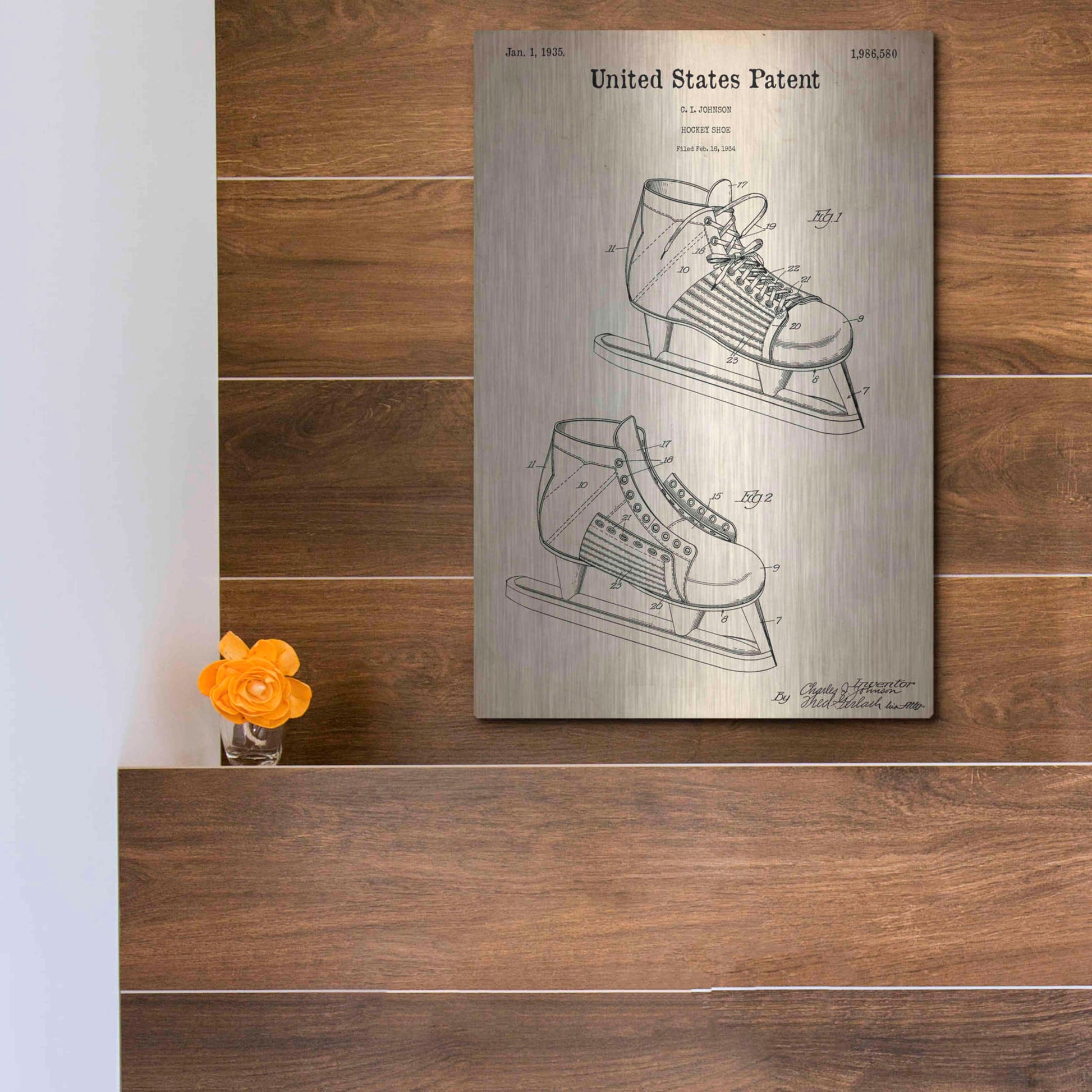 Luxe Metal Art 'Hockey Shoe, 1935 Blueprint Patent Parchment,' Metal Wall Art,12x16