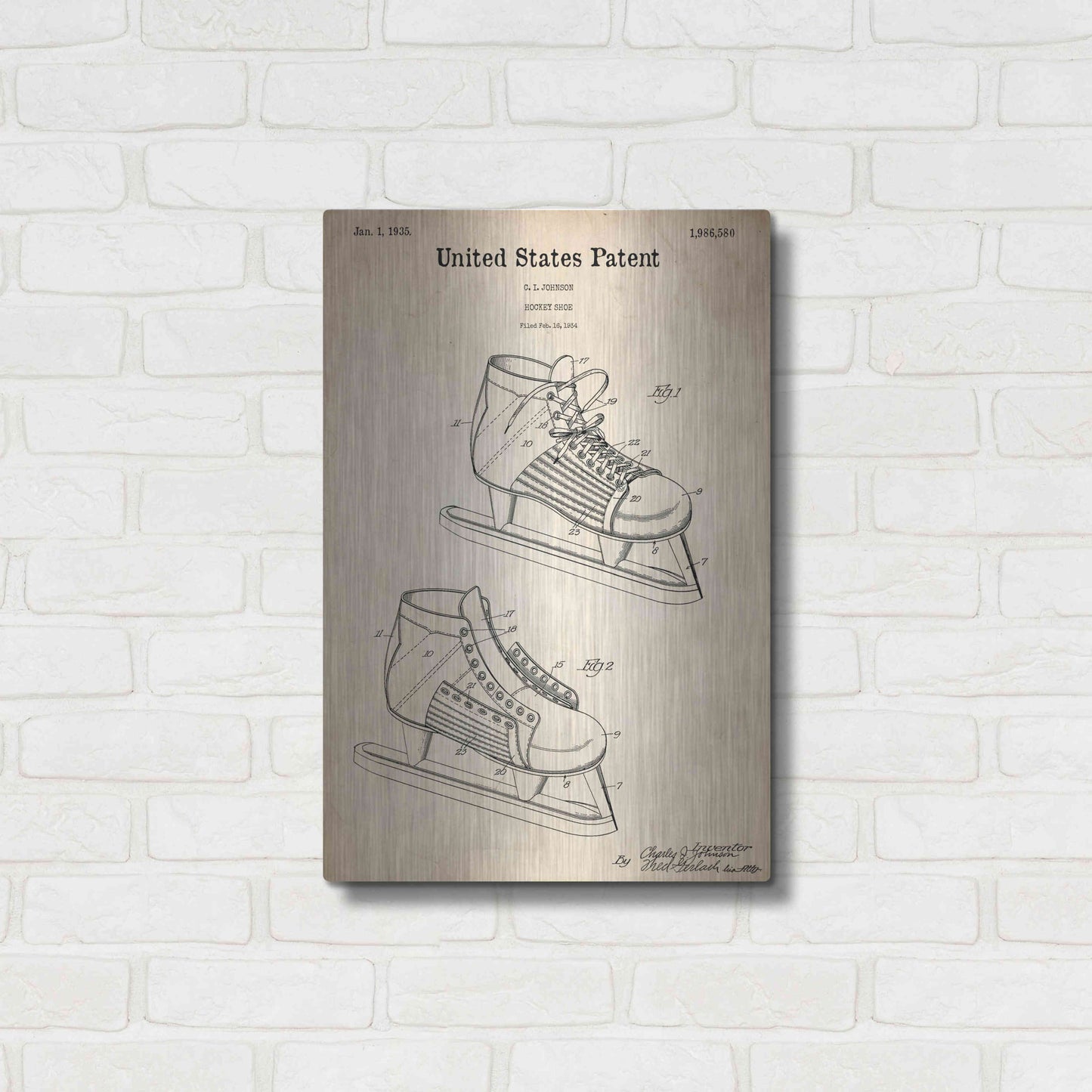 Luxe Metal Art 'Hockey Shoe, 1935 Blueprint Patent Parchment,' Metal Wall Art,16x24