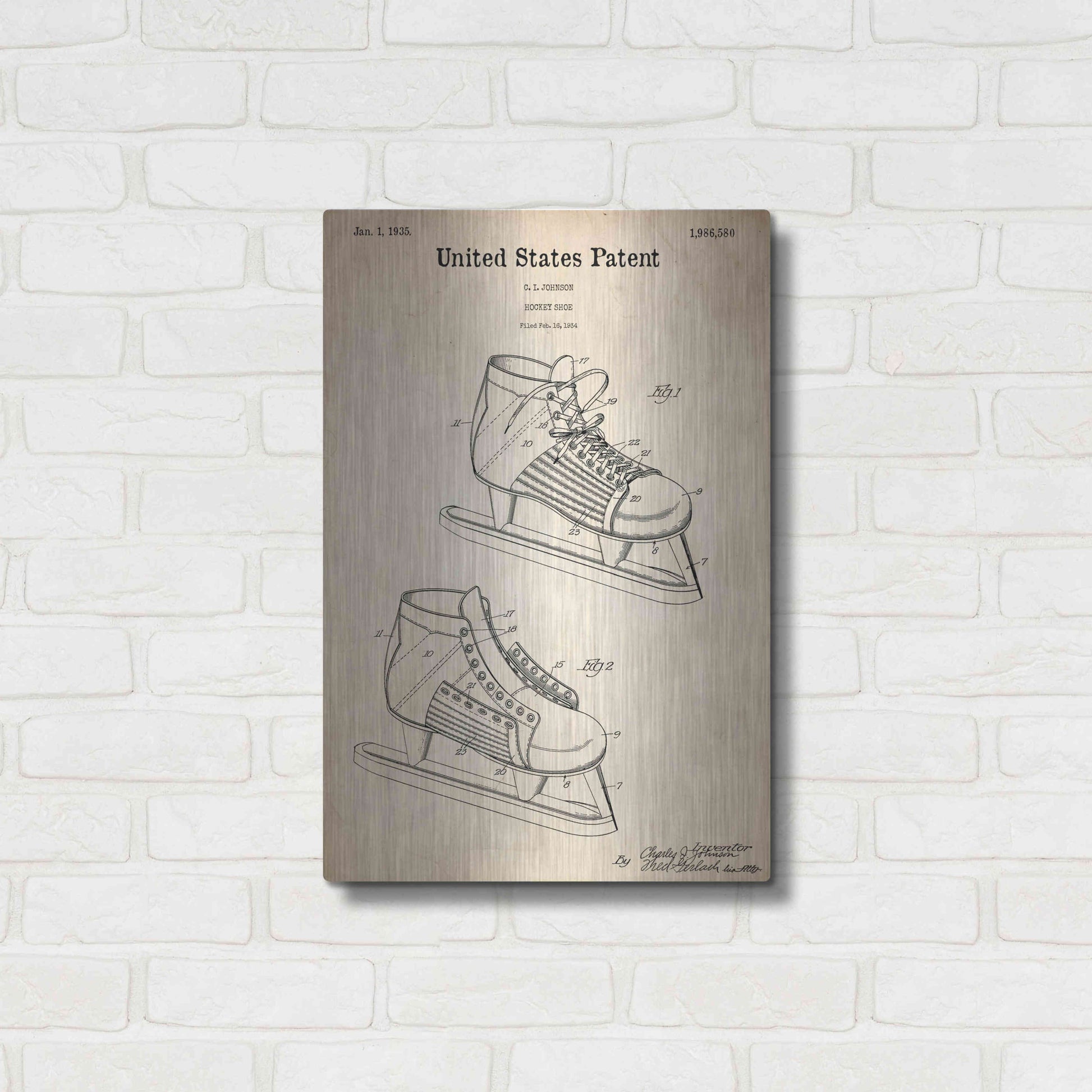 Luxe Metal Art 'Hockey Shoe, 1935 Blueprint Patent Parchment,' Metal Wall Art,16x24