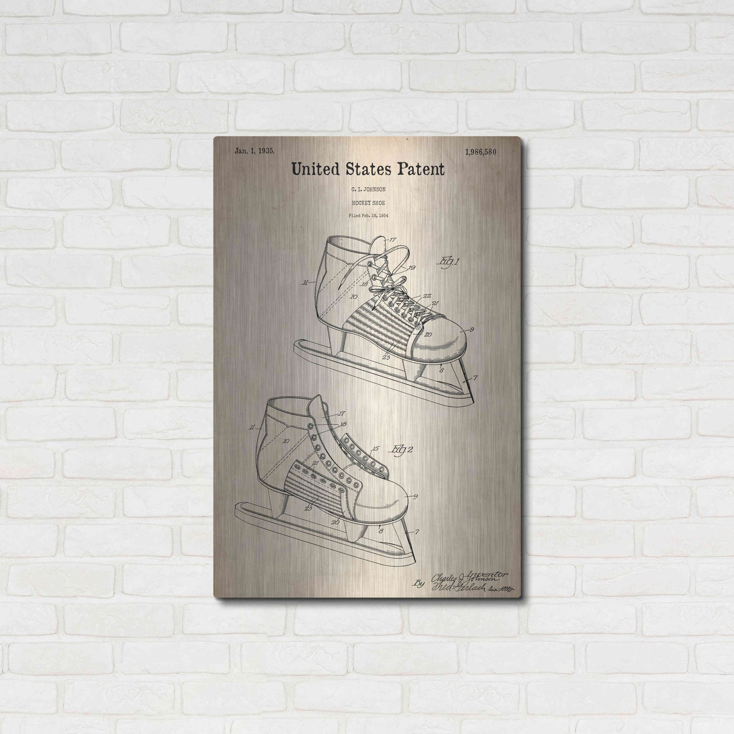 Luxe Metal Art 'Hockey Shoe, 1935 Blueprint Patent Parchment,' Metal Wall Art,24x36