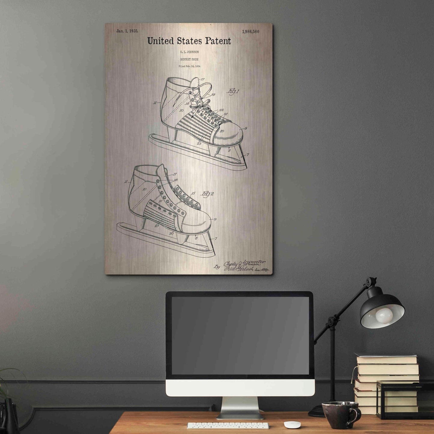 Luxe Metal Art 'Hockey Shoe, 1935 Blueprint Patent Parchment,' Metal Wall Art,24x36