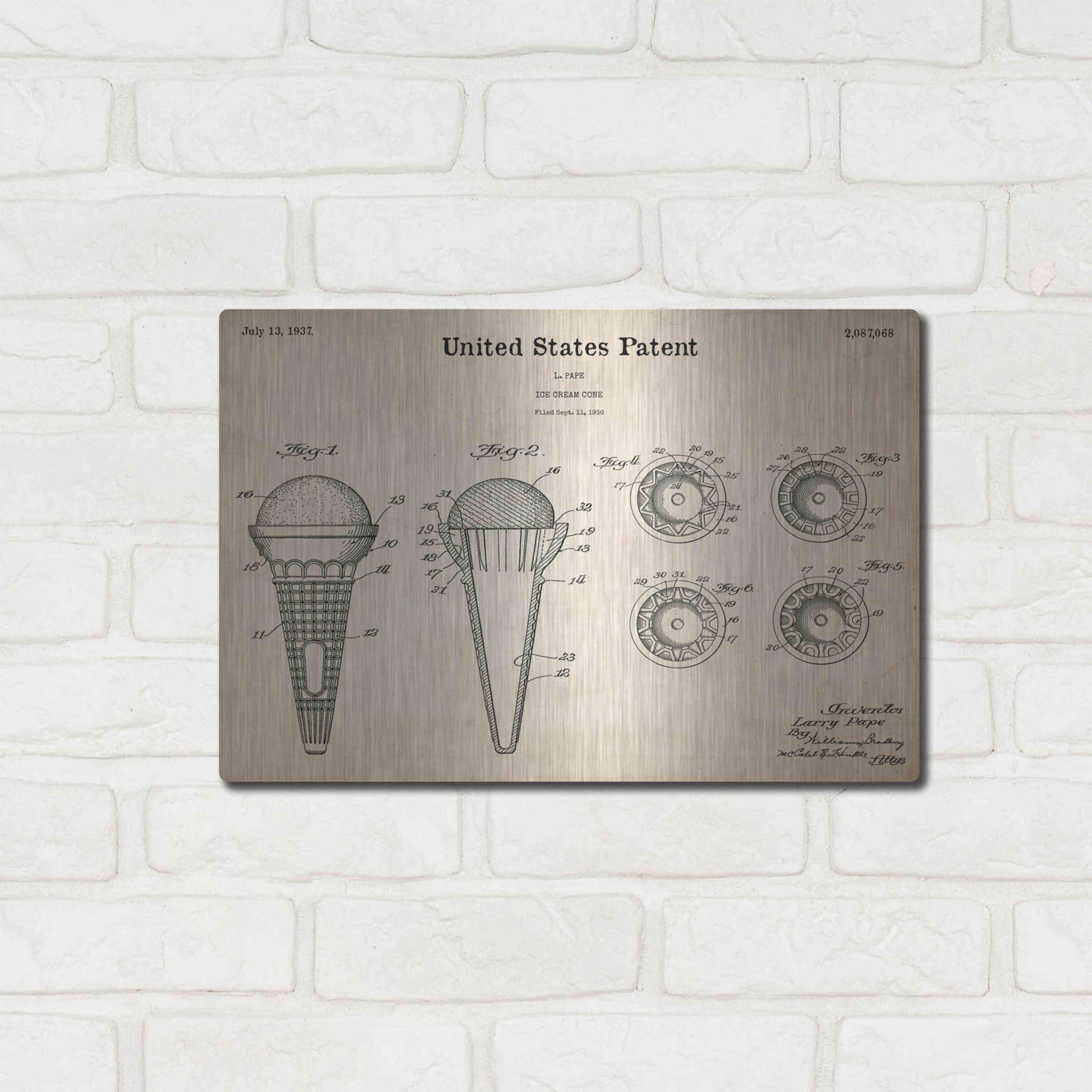 Luxe Metal Art 'Ice Cream Cone Blueprint Patent Parchment,' Metal Wall Art,16x12