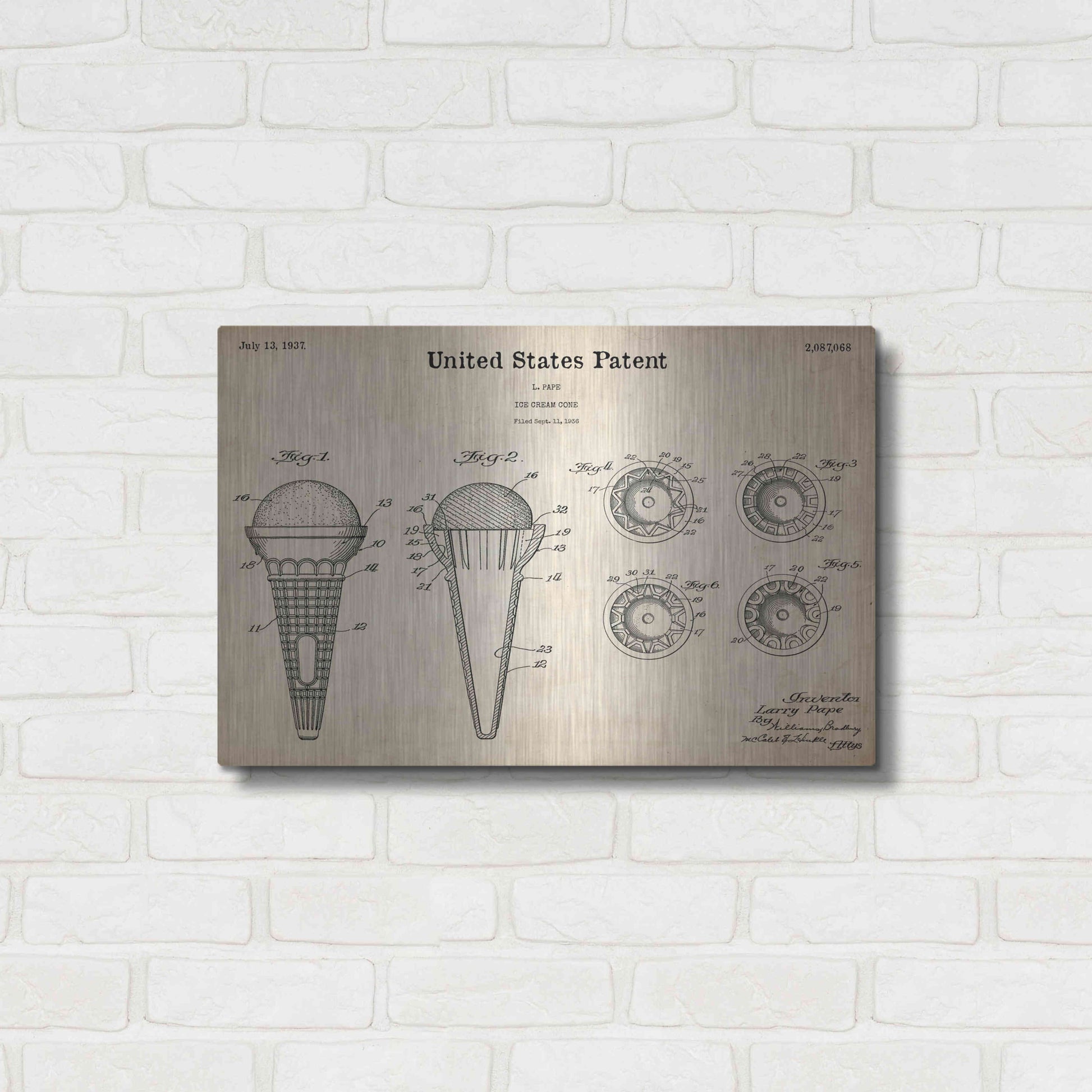 Luxe Metal Art 'Ice Cream Cone Blueprint Patent Parchment,' Metal Wall Art,24x16