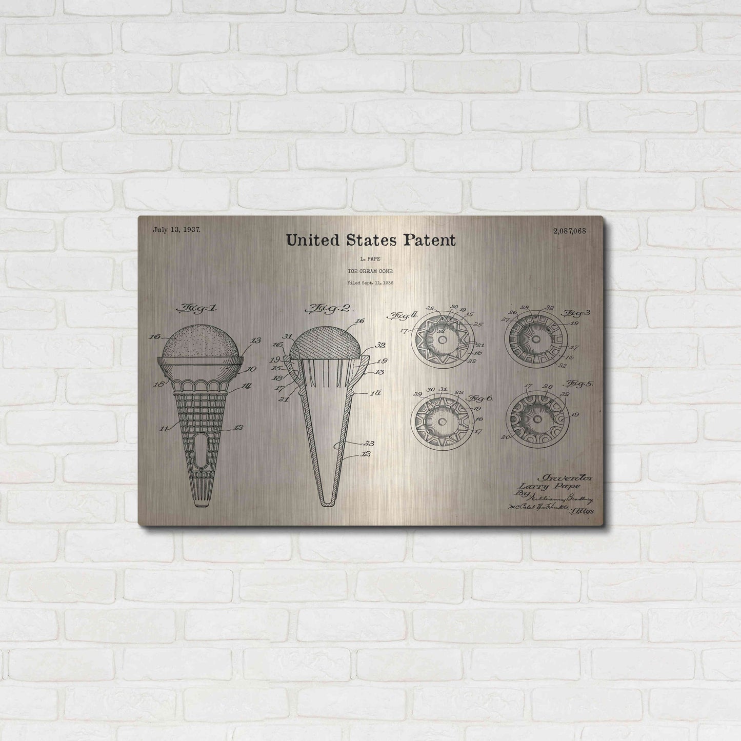 Luxe Metal Art 'Ice Cream Cone Blueprint Patent Parchment,' Metal Wall Art,36x24