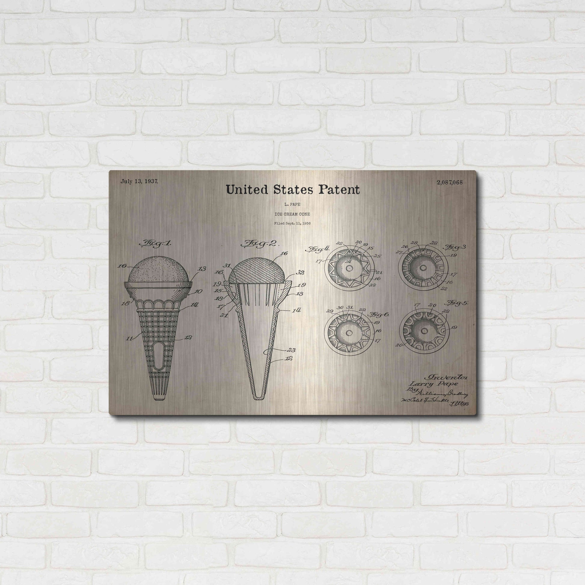 Luxe Metal Art 'Ice Cream Cone Blueprint Patent Parchment,' Metal Wall Art,36x24