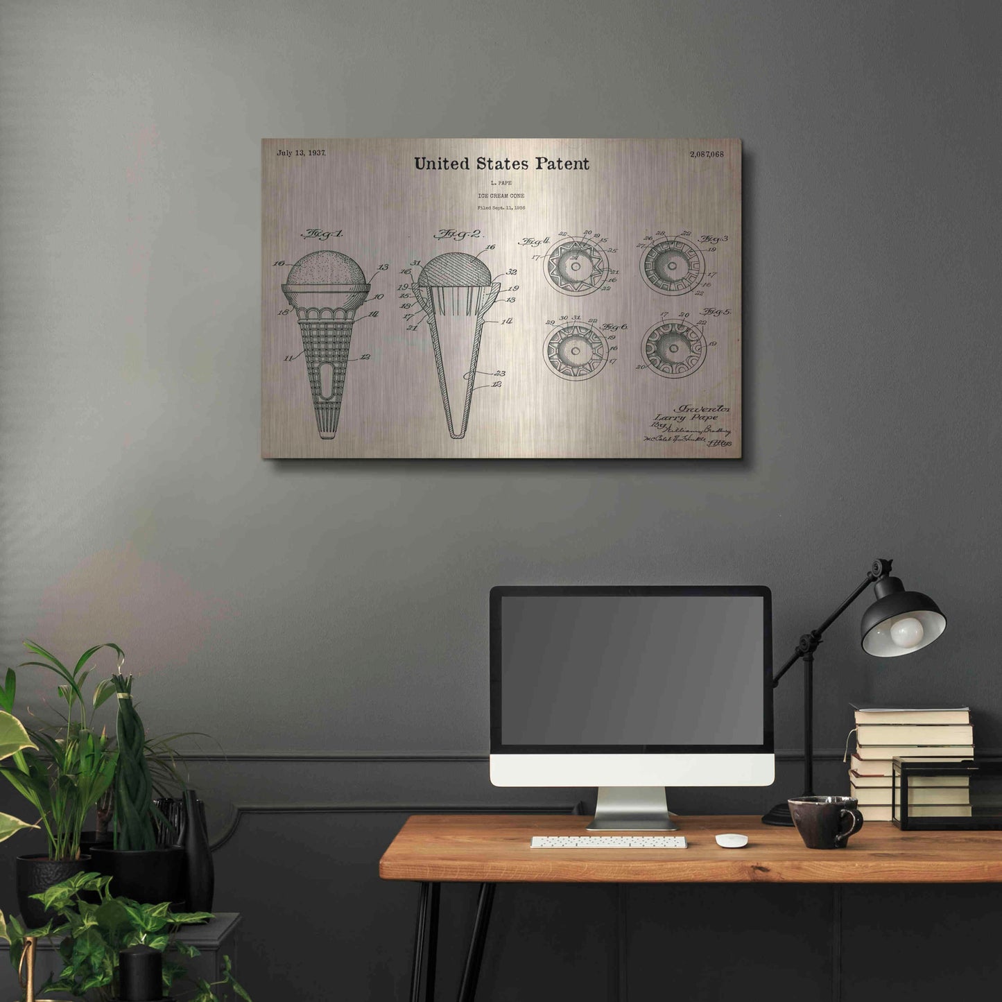 Luxe Metal Art 'Ice Cream Cone Blueprint Patent Parchment,' Metal Wall Art,36x24