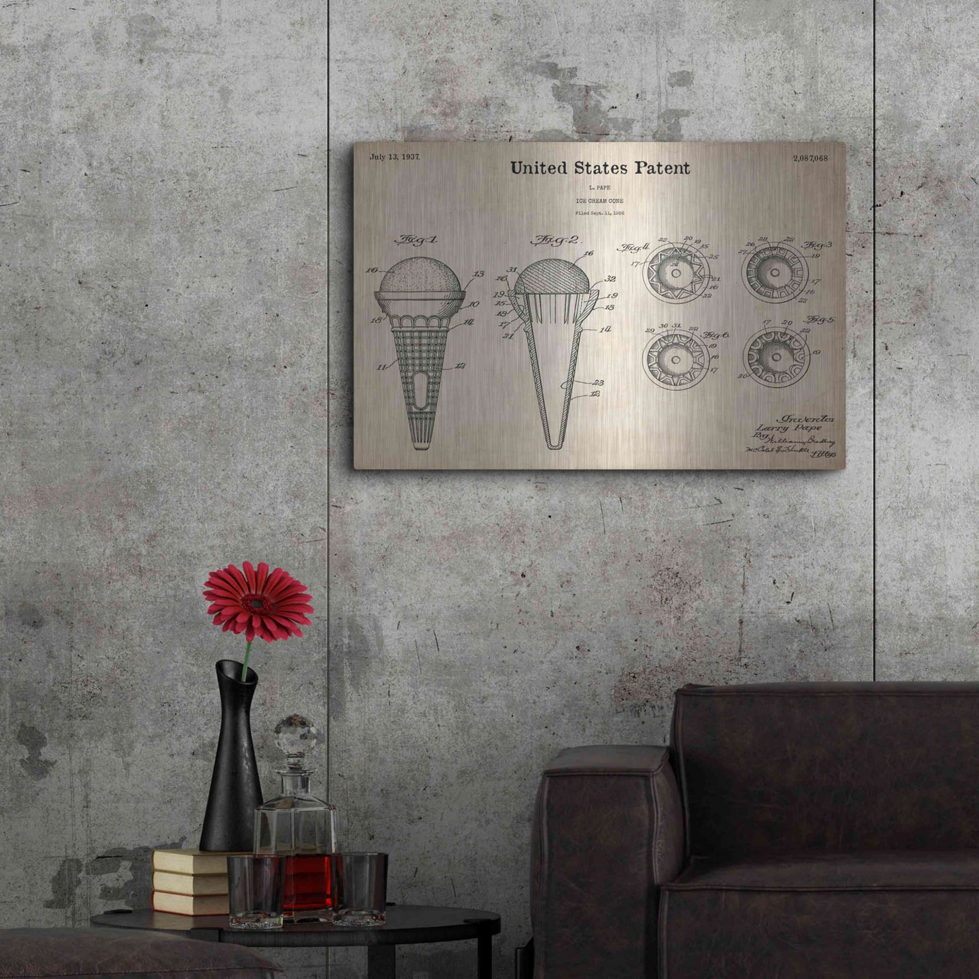 Luxe Metal Art 'Ice Cream Cone Blueprint Patent Parchment,' Metal Wall Art,36x24