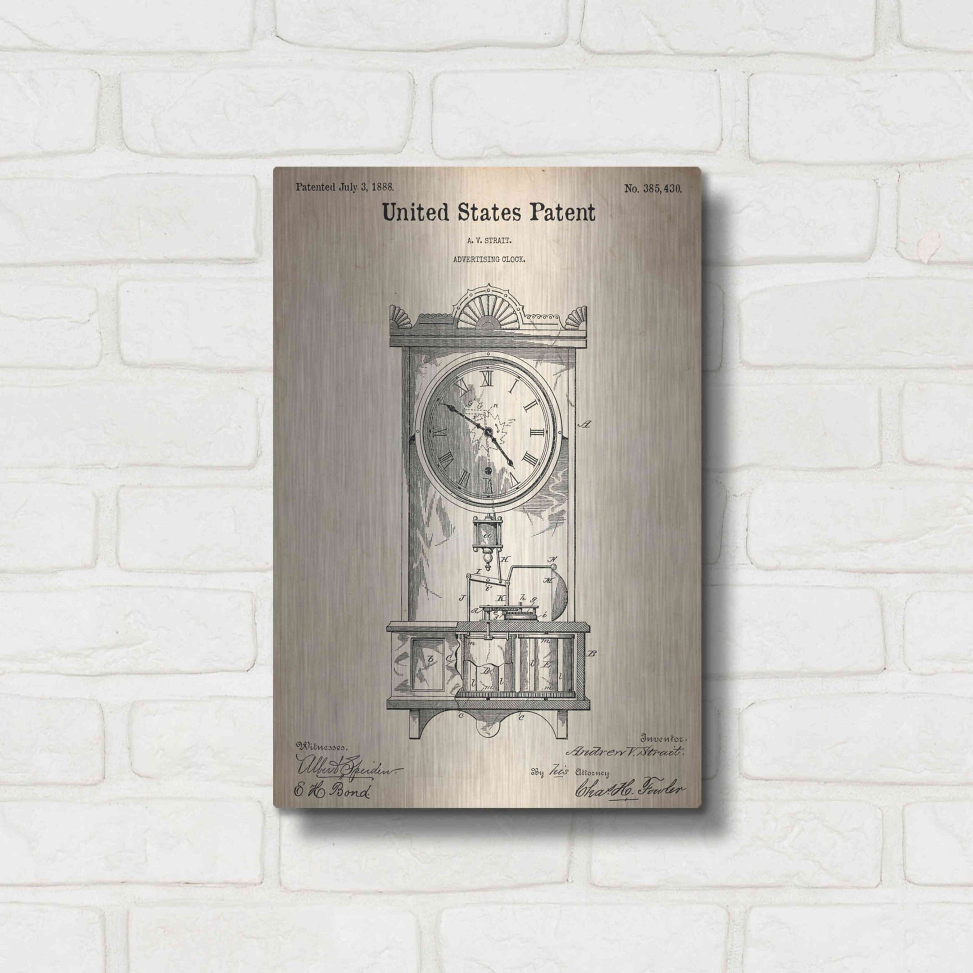 Luxe Metal Art 'Mantel Clock Blueprint Patent Parchment,' Metal Wall Art,12x16