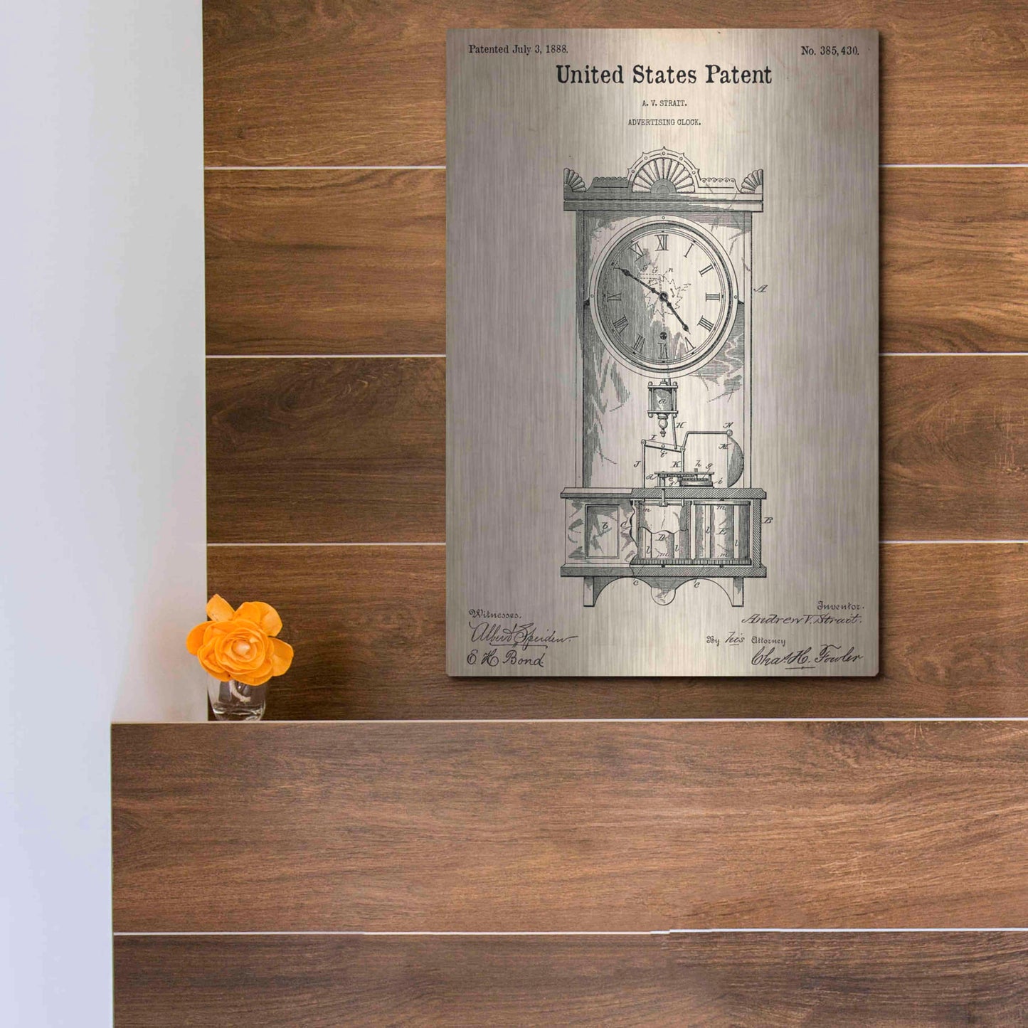 Luxe Metal Art 'Mantel Clock Blueprint Patent Parchment,' Metal Wall Art,12x16