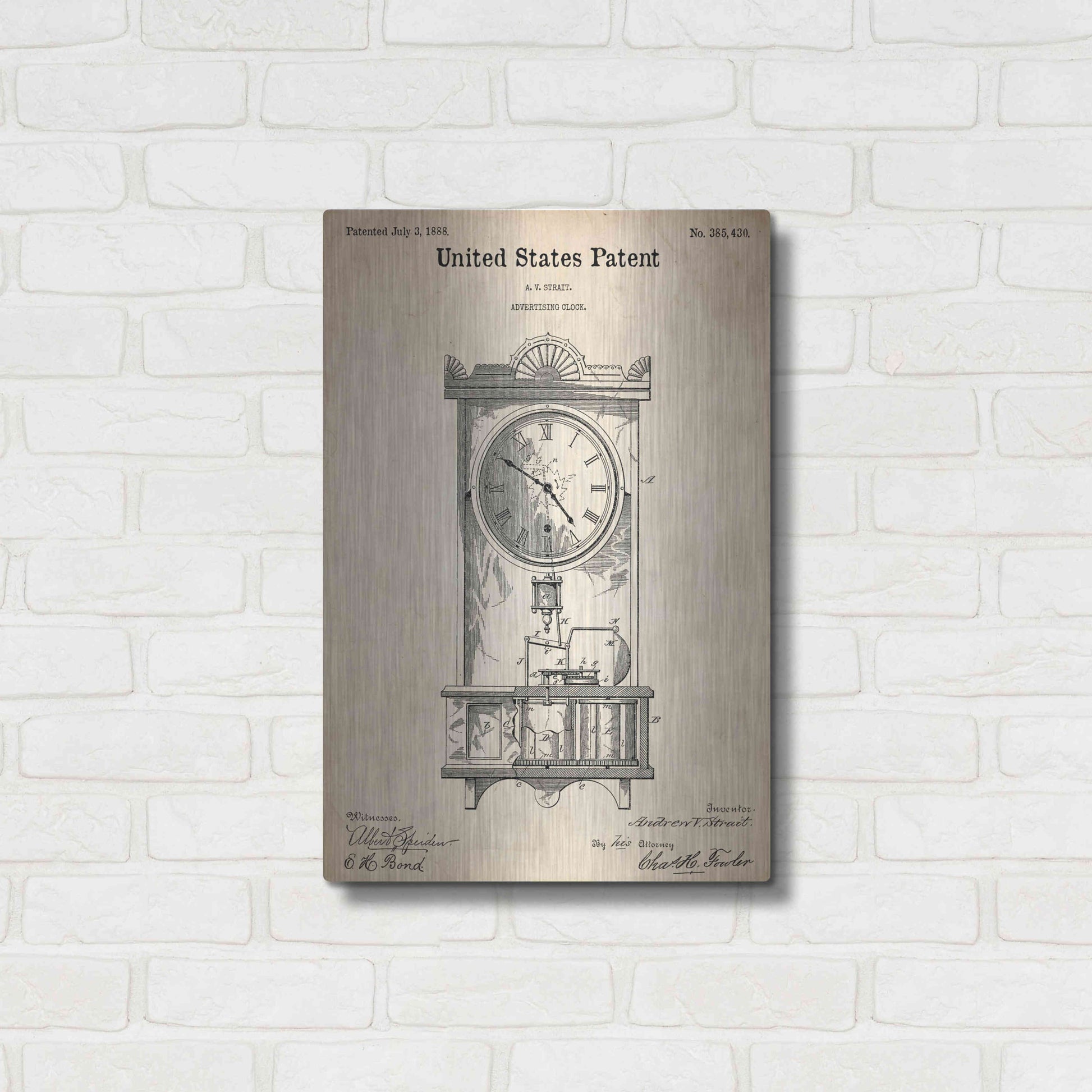 Luxe Metal Art 'Mantel Clock Blueprint Patent Parchment,' Metal Wall Art,16x24