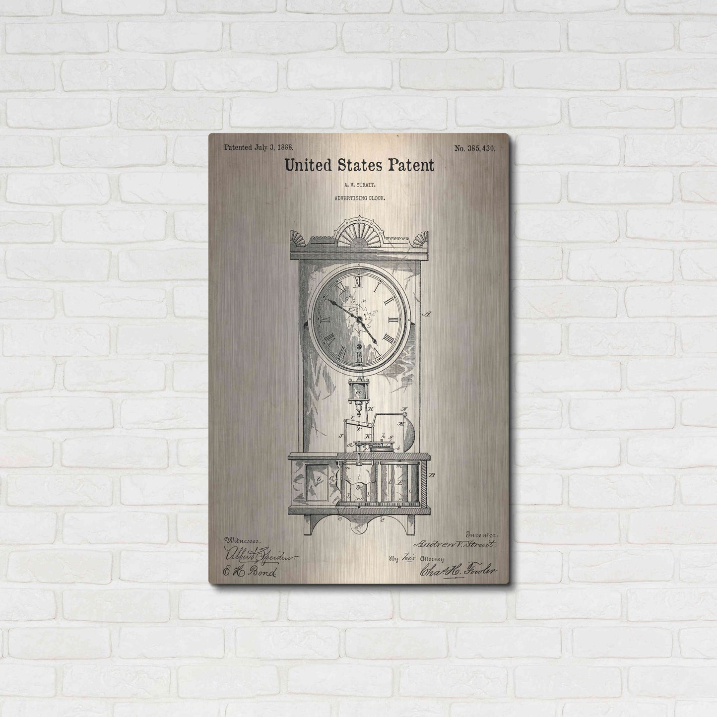 Luxe Metal Art 'Mantel Clock Blueprint Patent Parchment,' Metal Wall Art,24x36