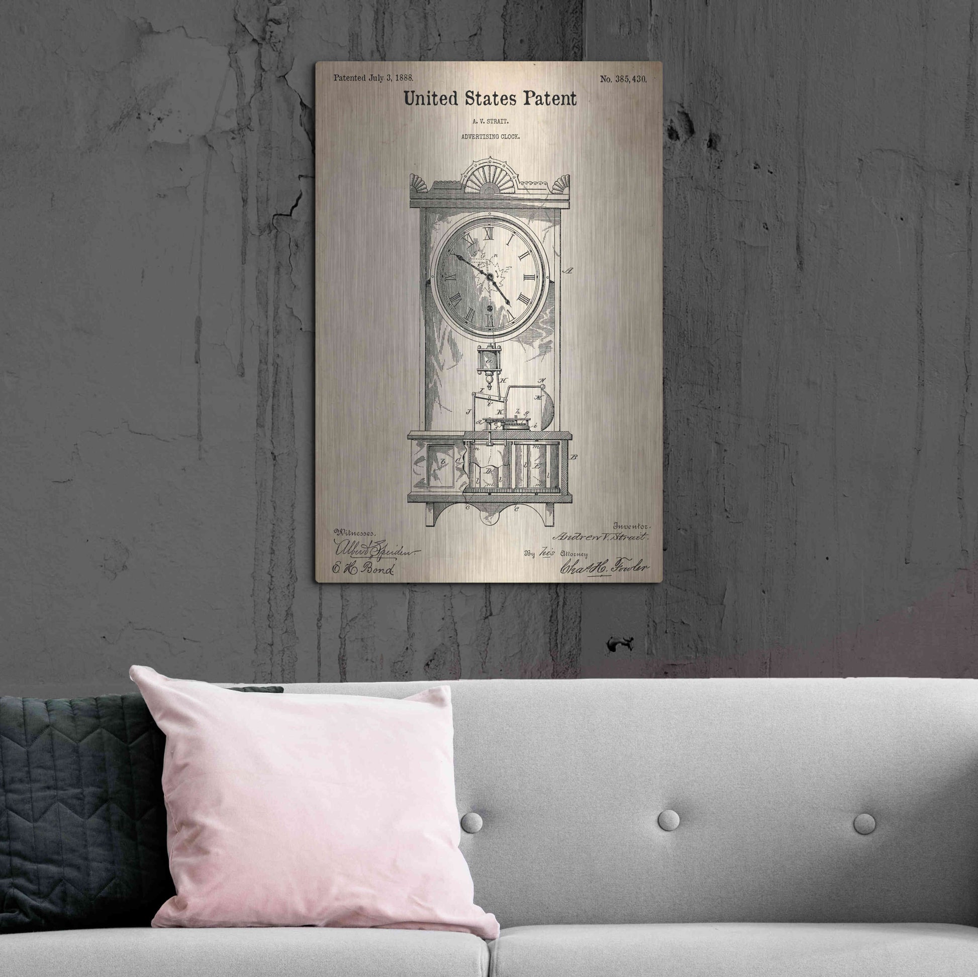 Luxe Metal Art 'Mantel Clock Blueprint Patent Parchment,' Metal Wall Art,24x36