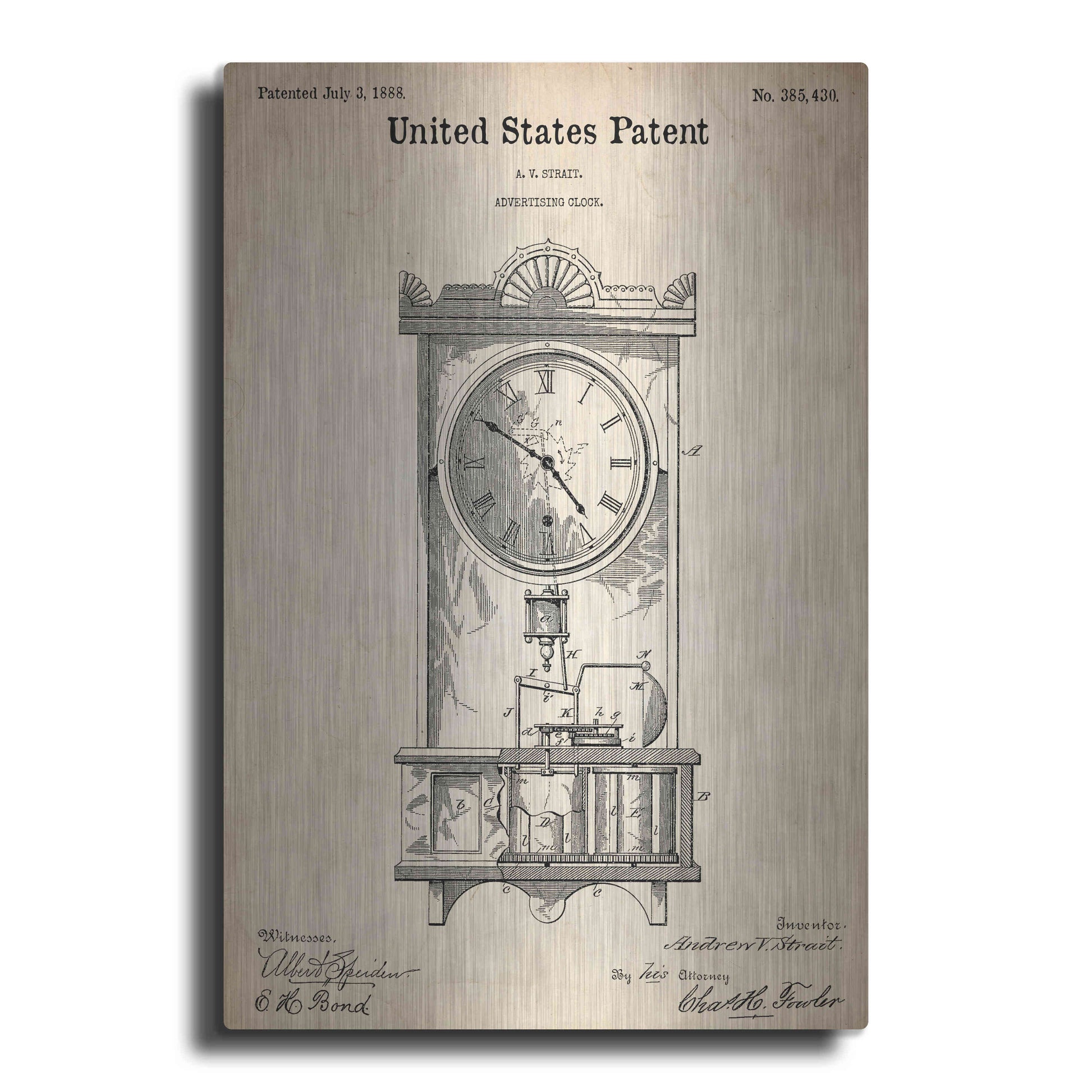 Luxe Metal Art 'Mantel Clock Blueprint Patent Parchment,' Metal Wall Art