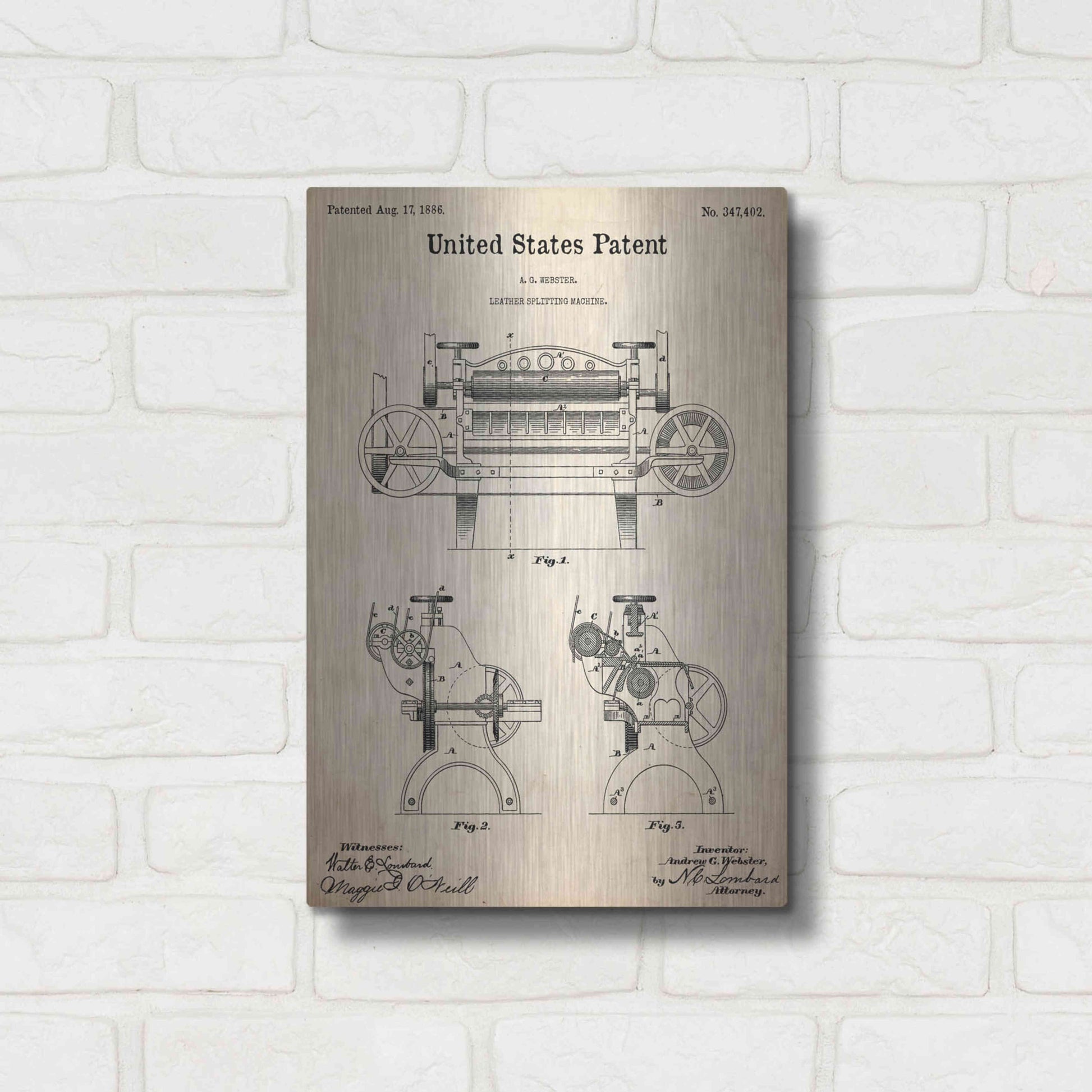 Luxe Metal Art 'Leather Splitting Machine Blueprint Patent Parchment,' Metal Wall Art,12x16